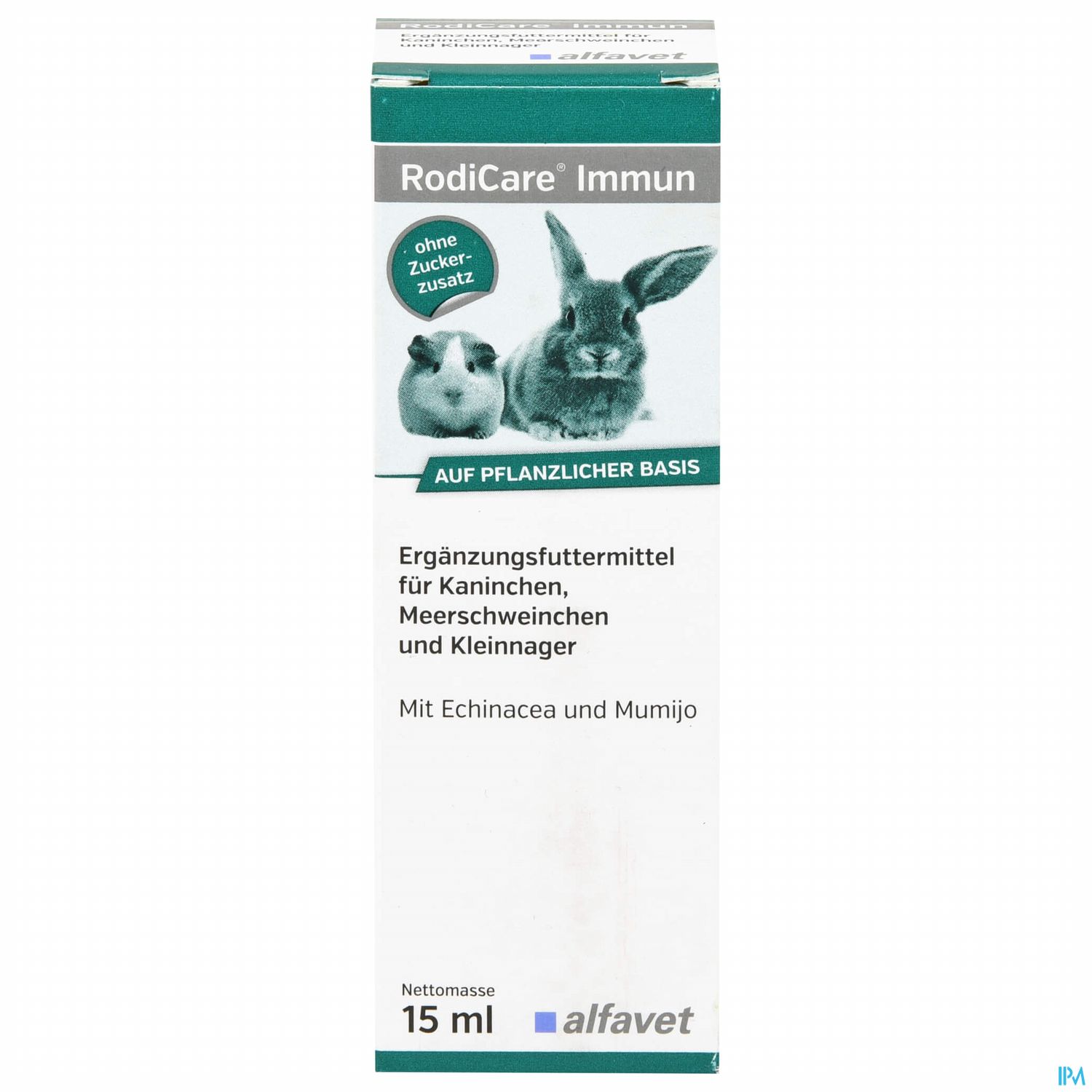 Packung des Ergänzungsfuttermittels "RodiCare Immunsystem" für Kleintiere, mit Echinacea und Mumijo, 15 ml, ohne Zuckerzusatz.