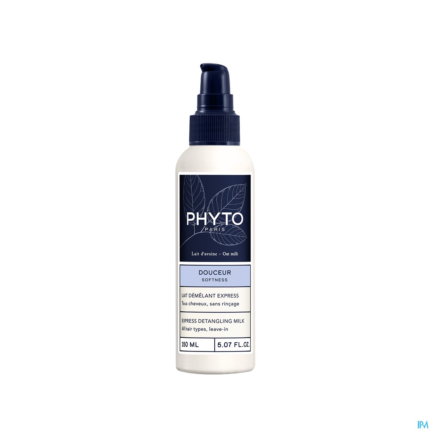 Flasche mit entwirrender Milch von Phyto, 150 ml, mit blauer Etikettierung und Pumpspender.