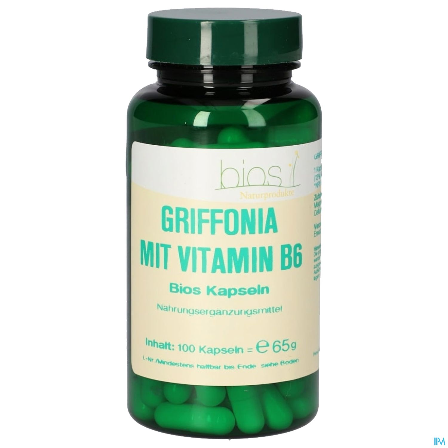 Grüne Kapseln in einer transparenten Flasche mit Etikett "Griffonia mit Vitamin B6, Bios Kapseln, Inhalt: 100 Kapseln, Preis: € 65,99".