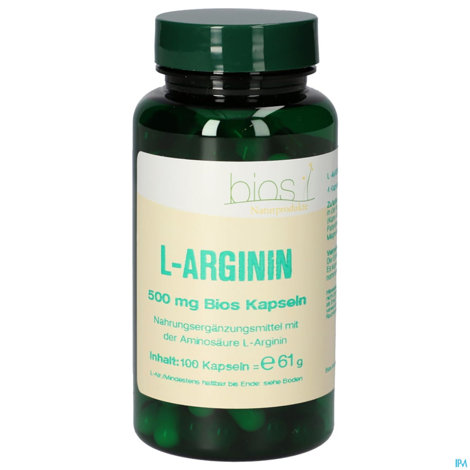 Grüne Kapseln in einer transparenten Flasche mit weißem Etikett, die L-Arginin Nahrungsergänzungsmittel anzeigt.