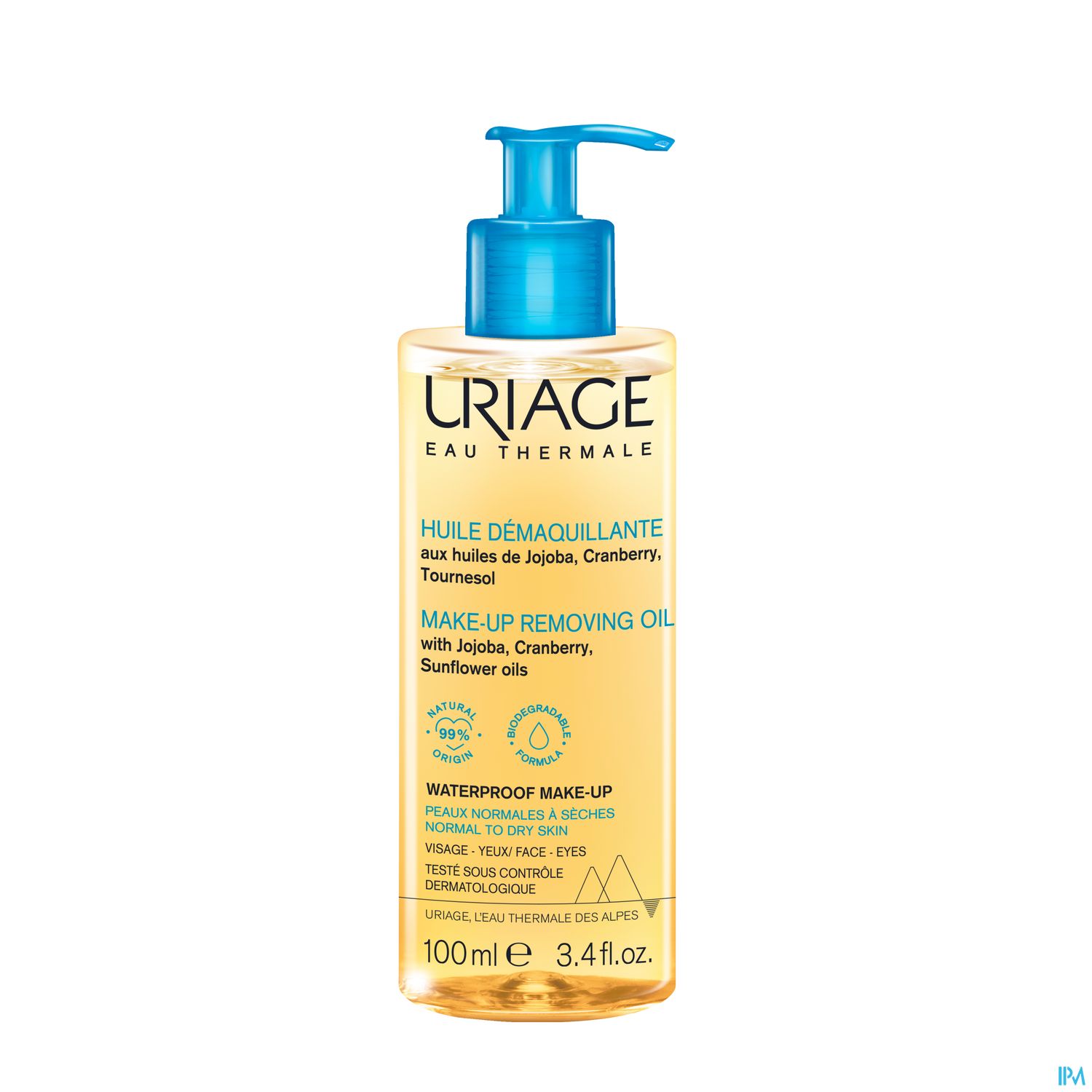 Flasche mit Make-up-Entferneröl von Uriage, enthält Jojoba-, Cranberry- und Sonnenblumenöl, 100 ml.
