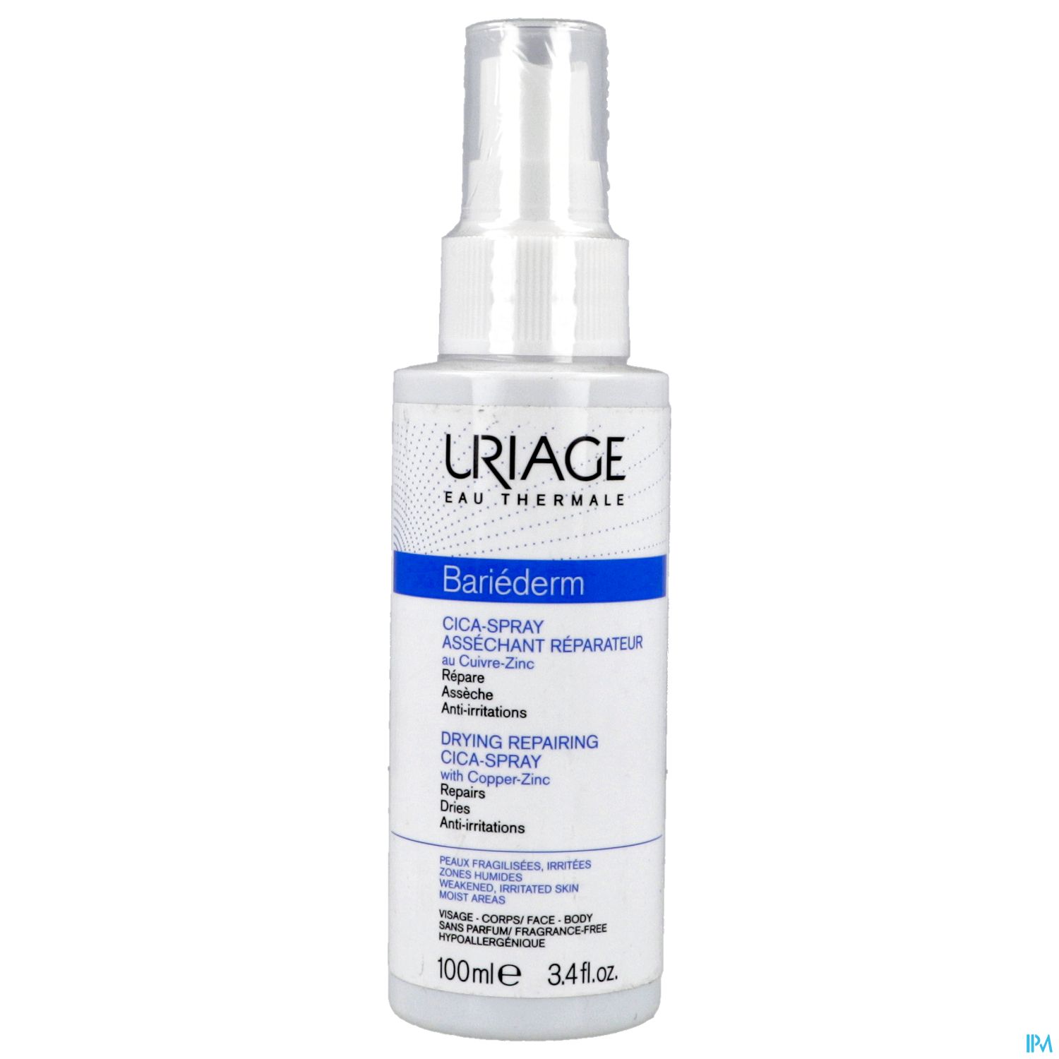 Sprühflasche mit Uriage Bariederm Cica-Spray, 100 ml, zur Hautreparatur und Beruhigung.