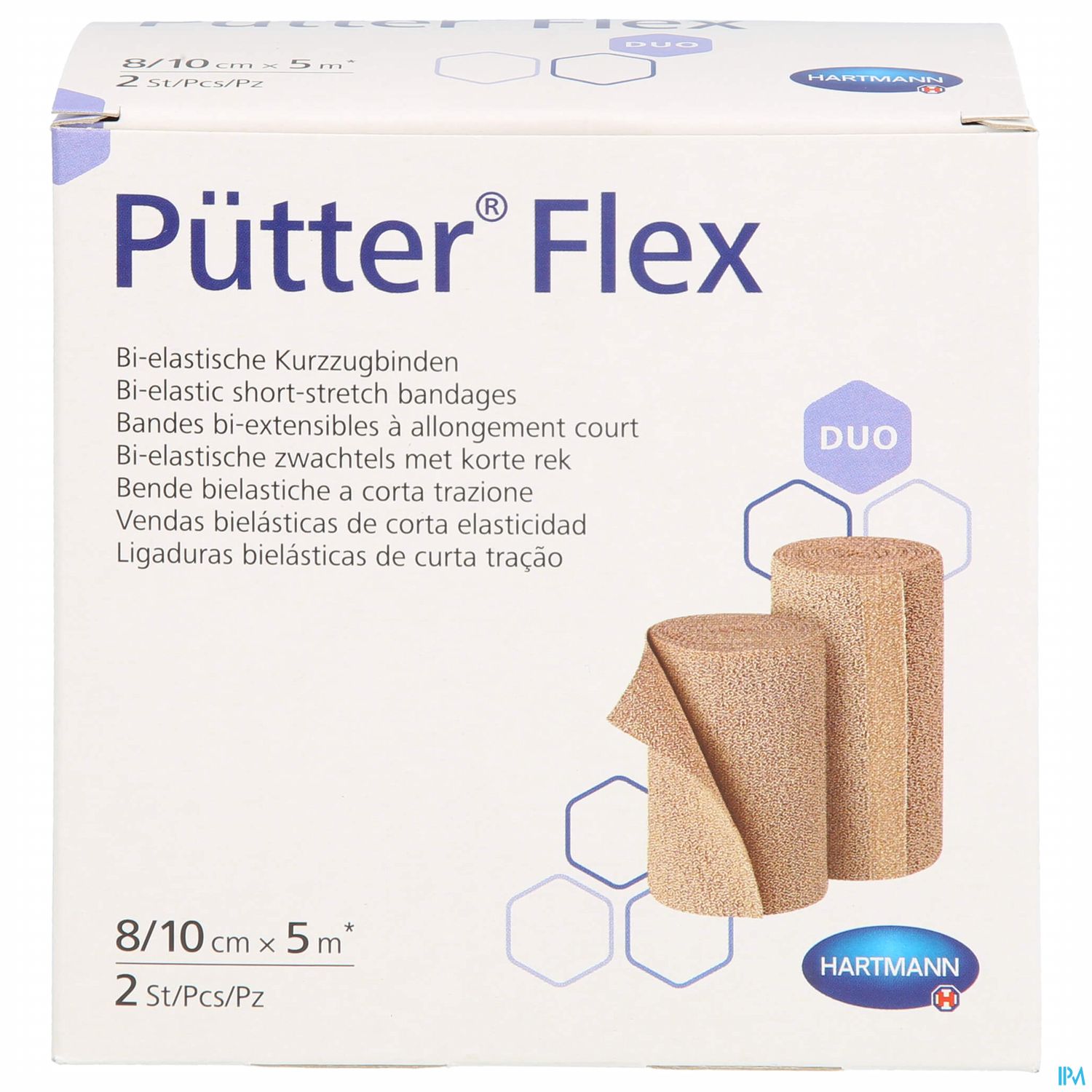 Verpackung von Pütter® Flex bi-elastischen Kurz-Zugbinden, mit zwei Rollen in der Größe 8/10 cm x 5 m.