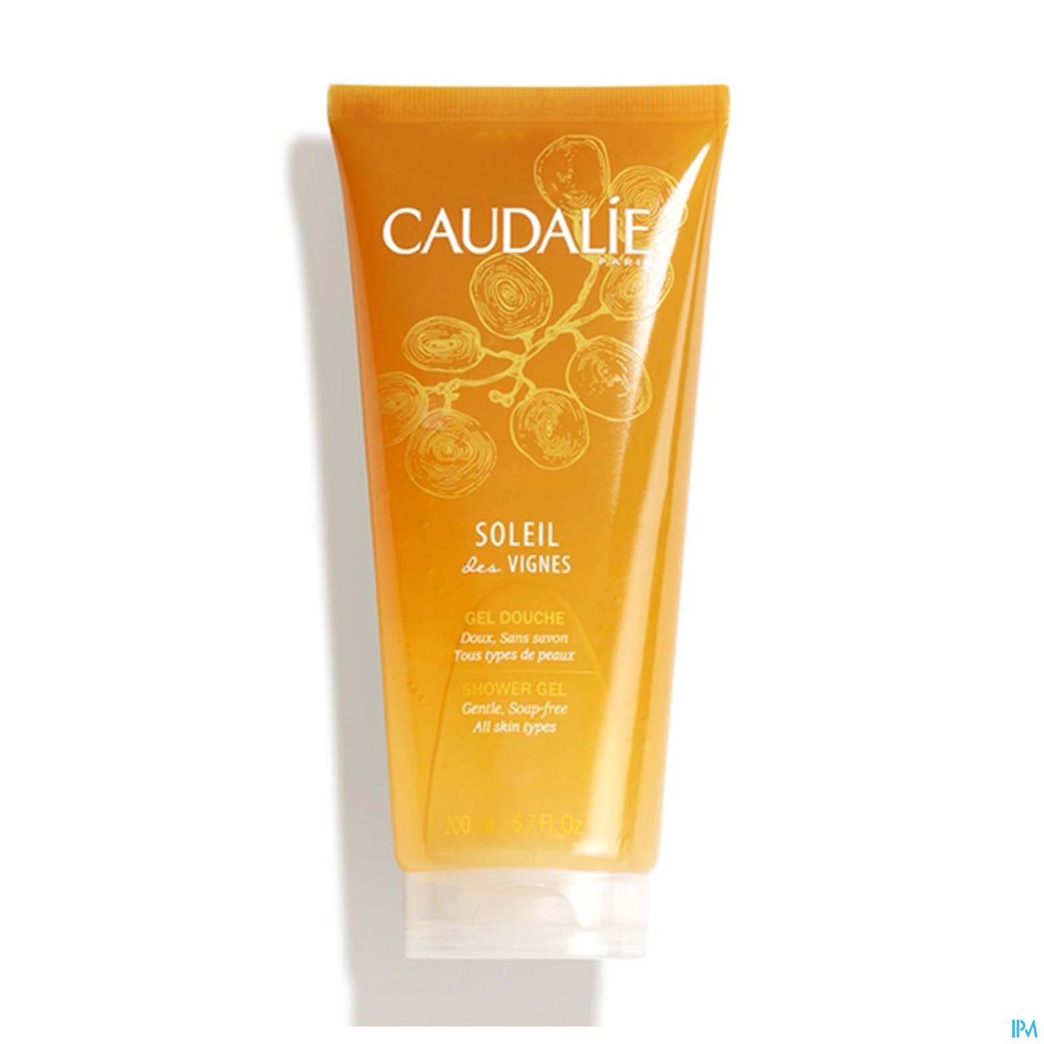 Tubengelh mit der Aufschrift "CAUDALIE SOLEIL des VIGNES", gefüllt mit gelbem Duschgel.