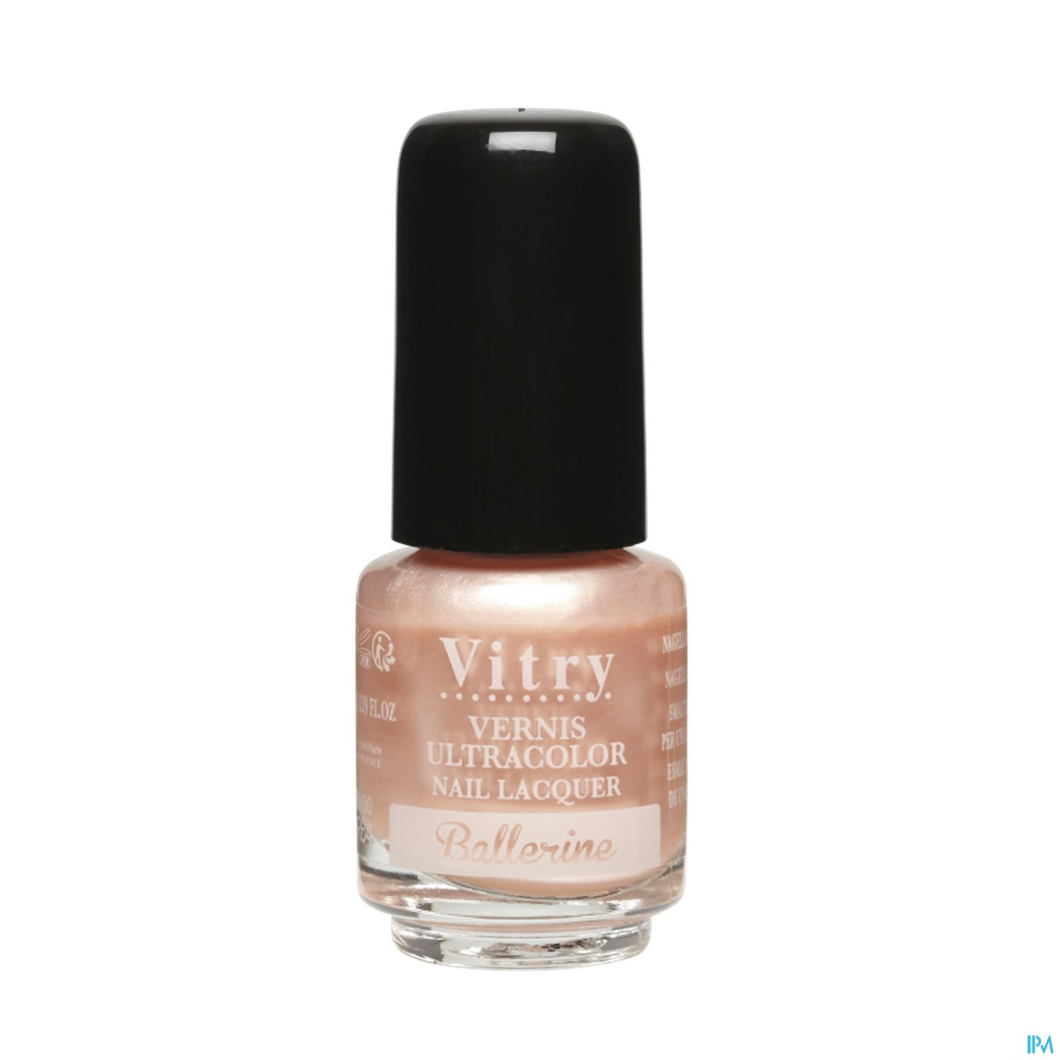 Eine Flasche Nagellack in einem rosa Farbton mit schwarzem Deckel, beschriftet mit "Vitry Vernis Ultracolor Nail Lacquer Ballerine".