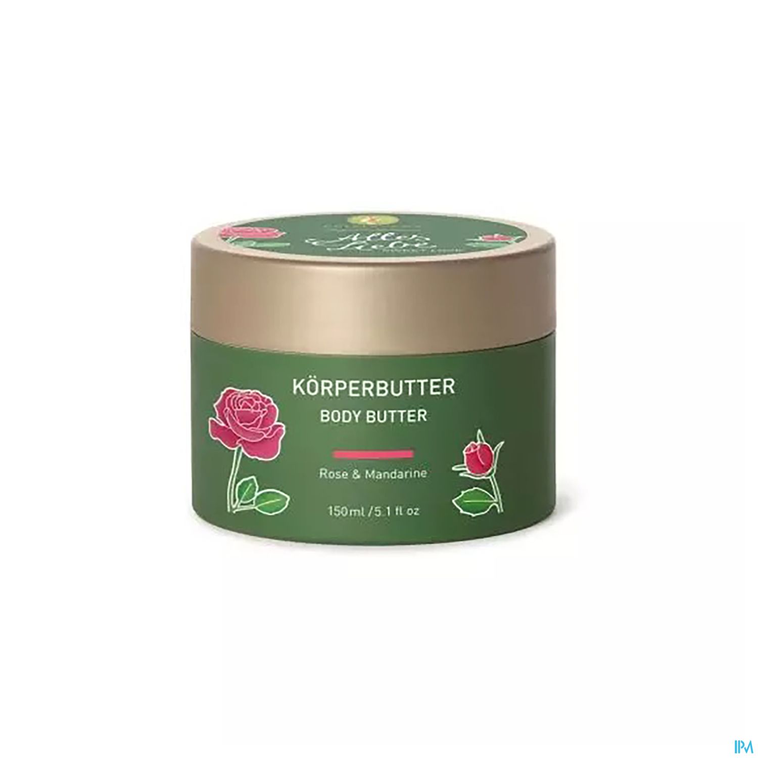 Runddose Körperbutter mit grünem Etikett, rosa Rose und goldfarbener Schraubdeckel, Duftkomposition aus Rose und Mandarine, 150 ml.
