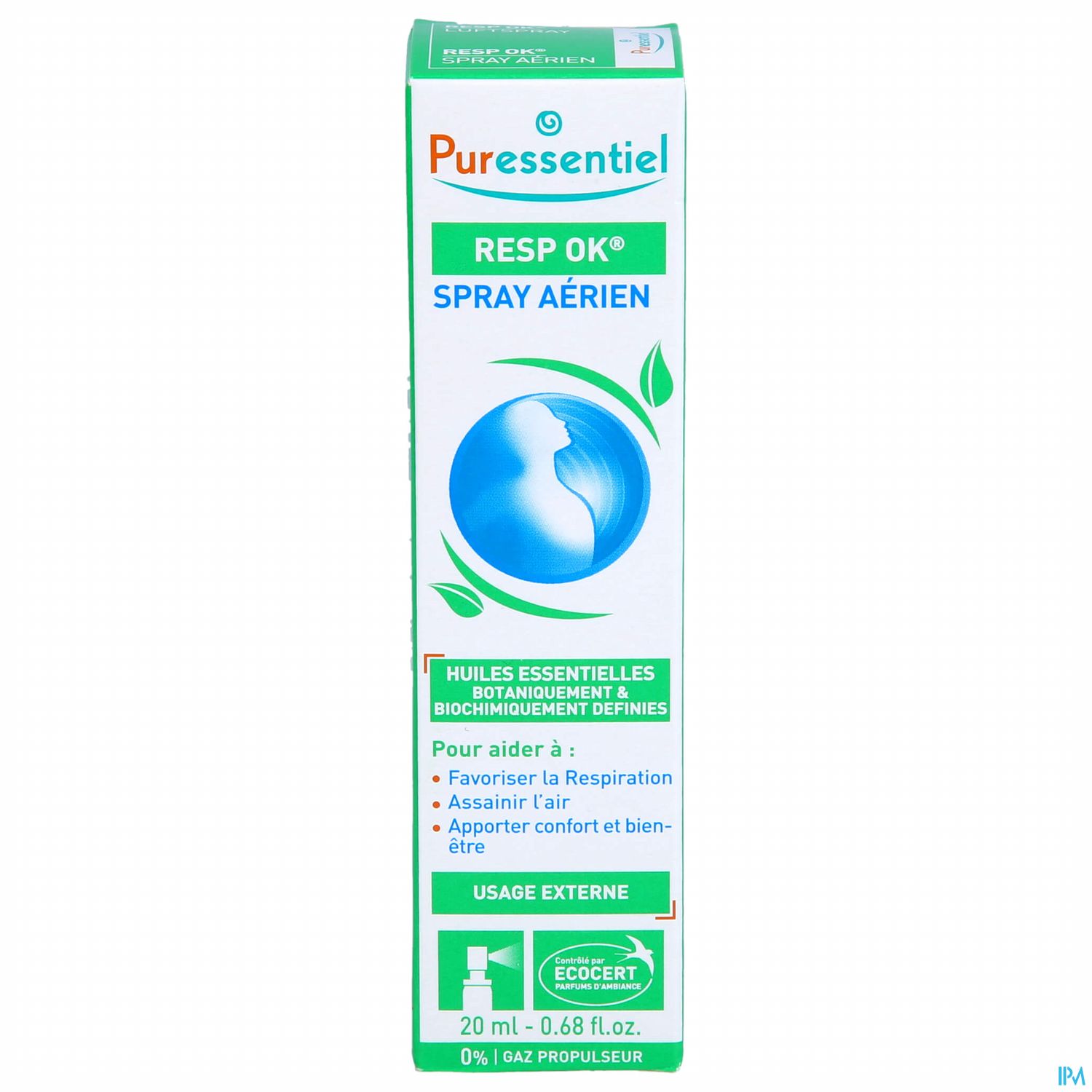 Produktverpackung für "RESP OK" Spray aérien von Puressentiel mit Angaben zur Anwendung und Inhaltsstoffen.