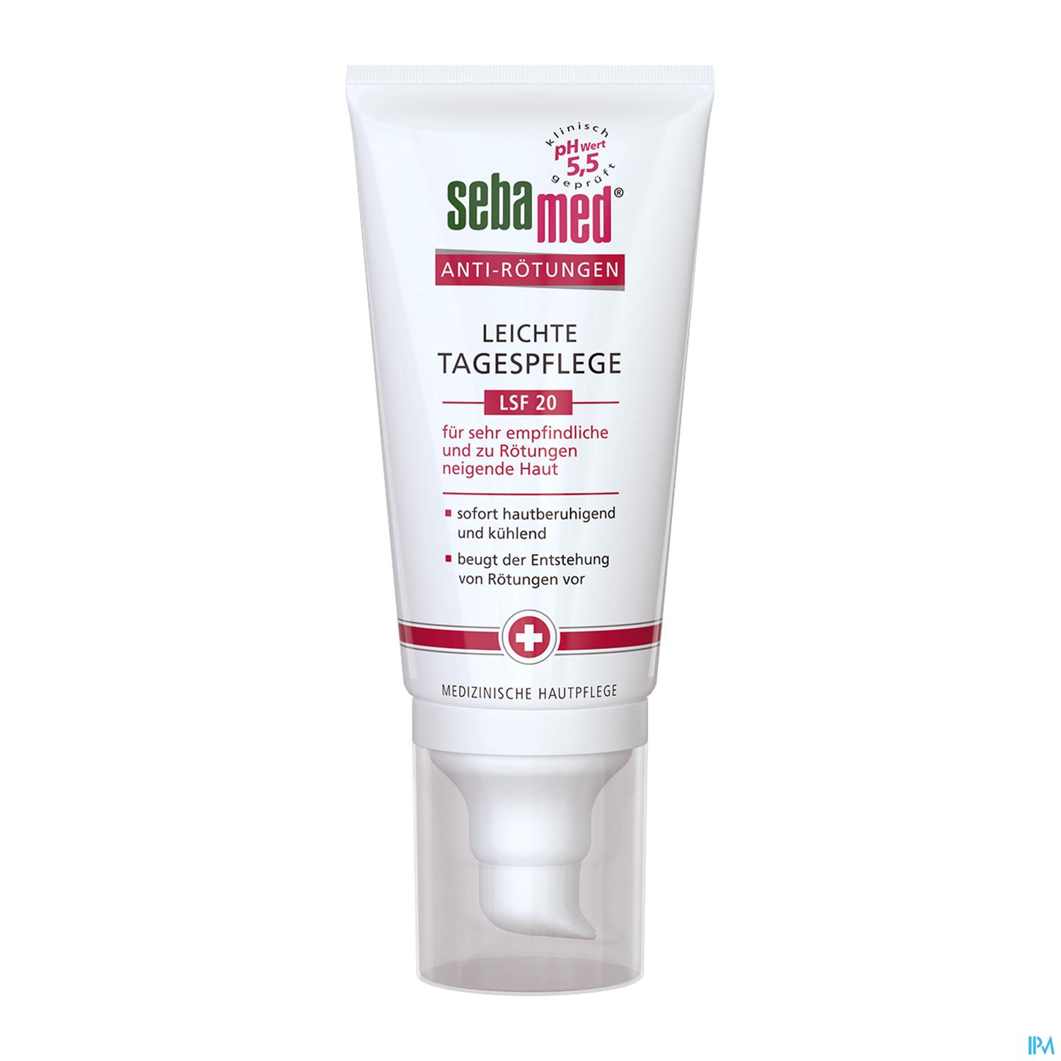Tube mit Sebamed Tagespflege für empfindliche Haut, SPF 20, mit Beschreibung der Eigenschaften.