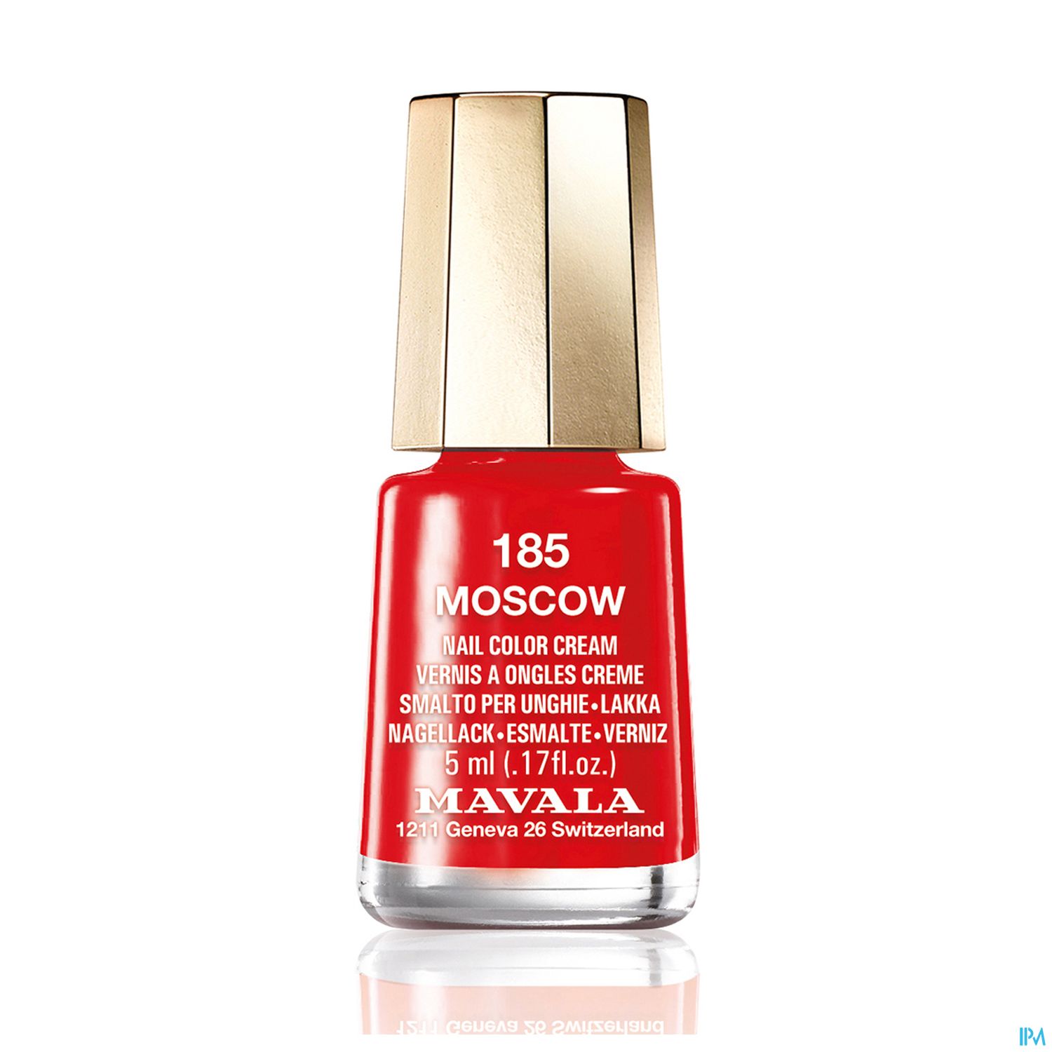 Nagellackfläschchen in Rot mit goldfarbenem Deckel, Beschriftung "185 MOSCOW" und 5 ml Inhalt von Mavala.