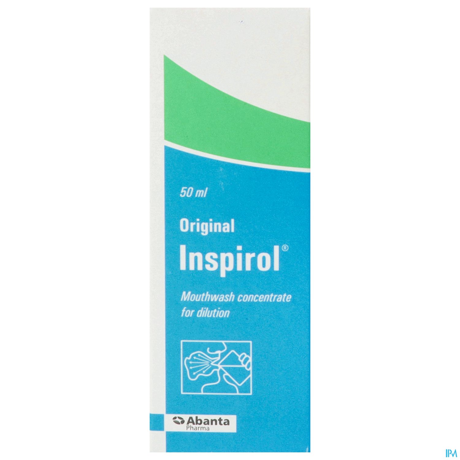 Verpackung von Inspirol Mundspüllösung, 50 ml, mit blauem und grünen Design und Herstellerangabe.