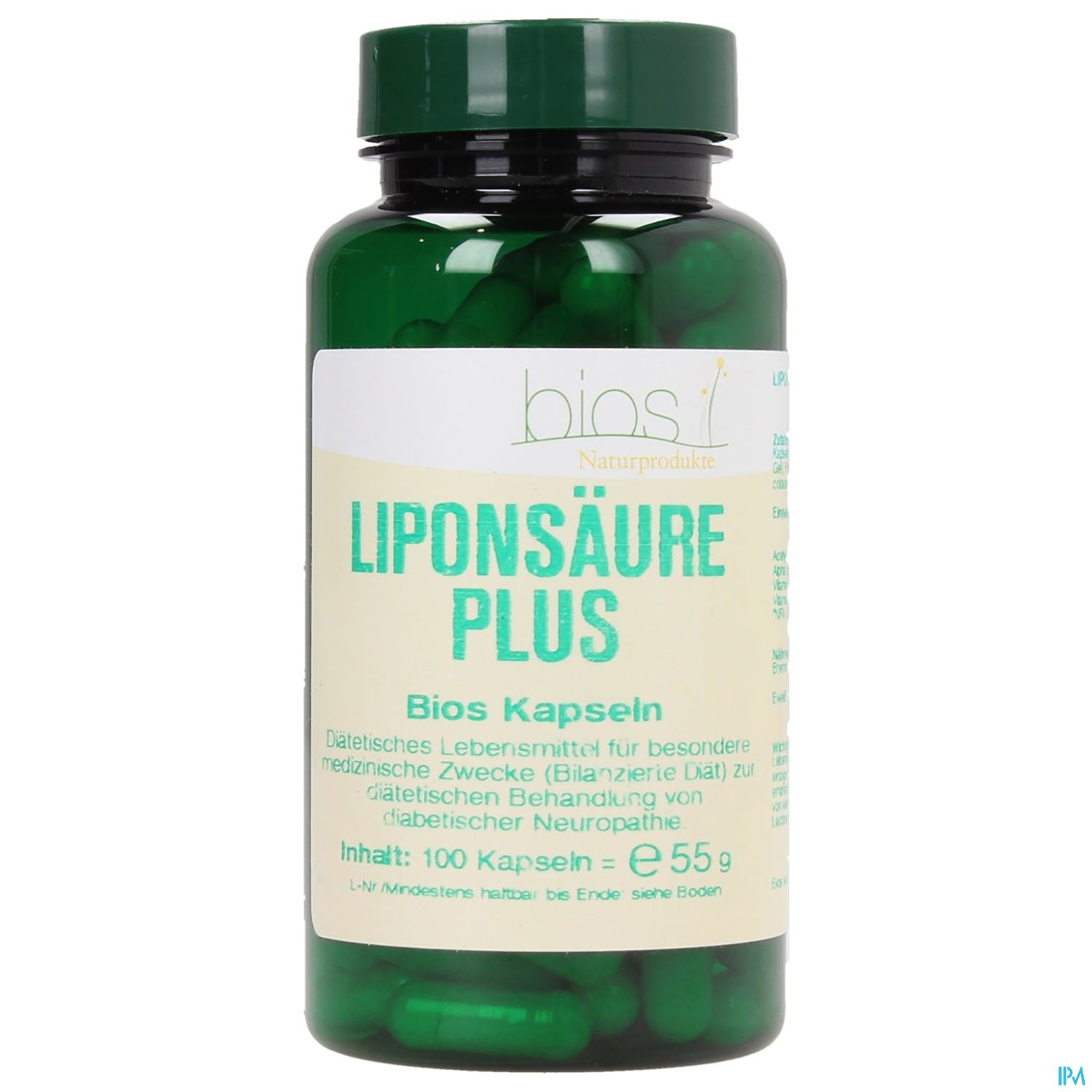 Flasche mit grünen Kapseln, beschriftet mit "Liponsäure Plus" und Angaben zu Inhalt und Verwendung.