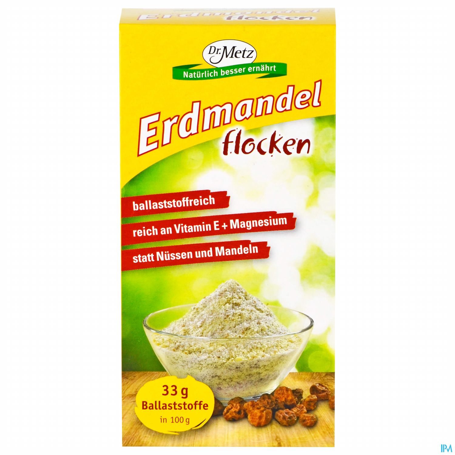 Verpackung von Erdmandelflocken mit Angaben zu Inhaltsstoffen und Nährwerten.