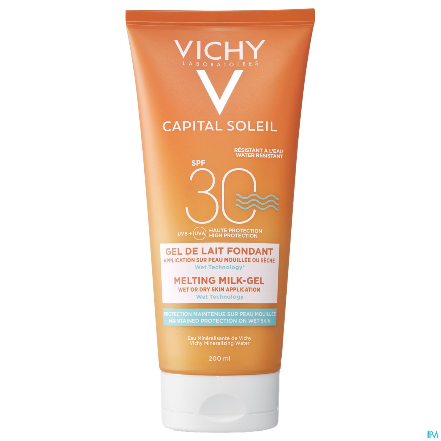 Sonnencreme in einer tube mit SPF 30 von Vichy, beschriftet mit "CAPITAL SOLEIL" und hinweisen zur Anwendung auf trockener Haut.