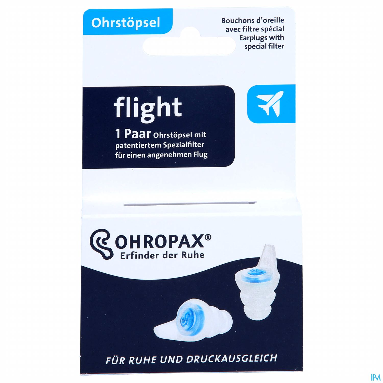 Verpackungseinheit mit Ohrstöpseln namens "flight" von OHROPAX, die für einen angenehmen Flug konzipiert sind.