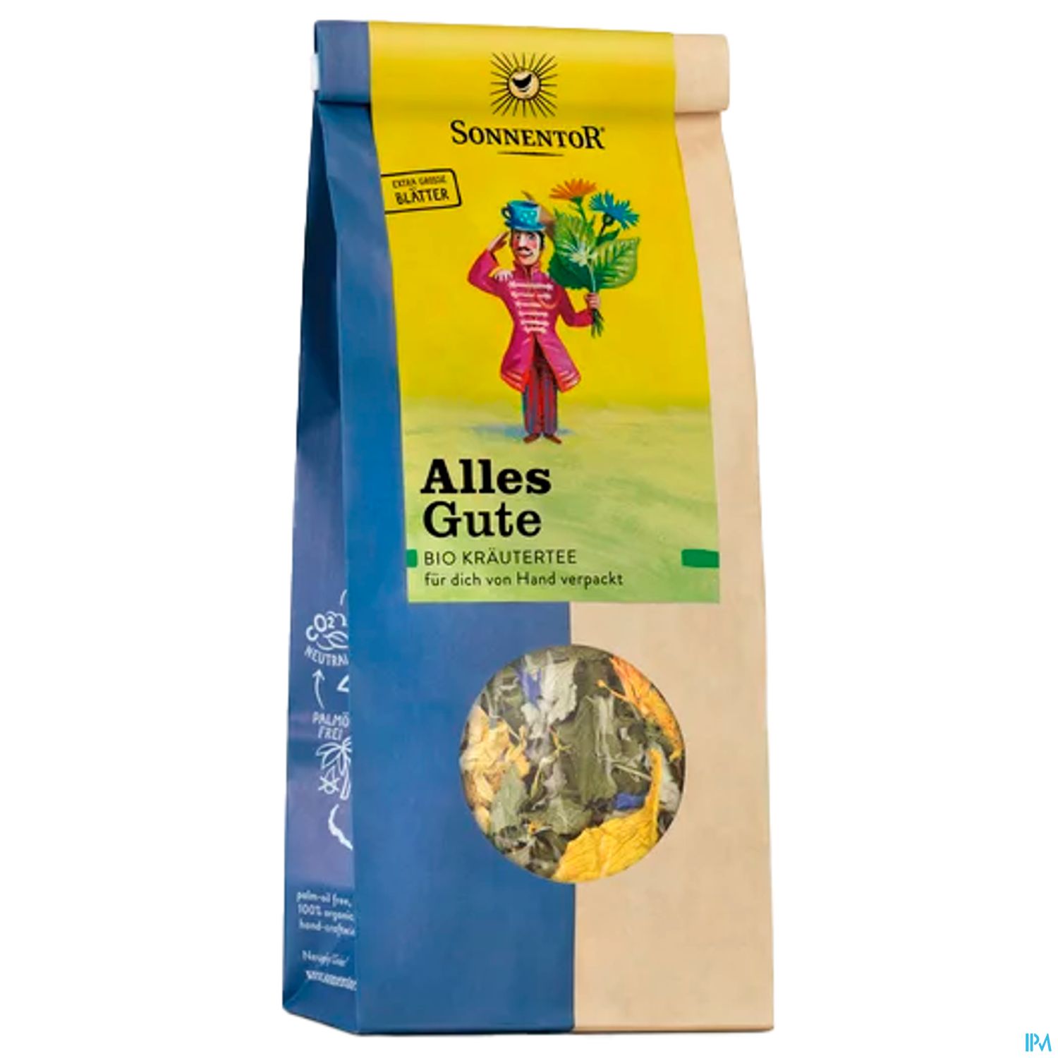 Verpackung für die Bio-Kräutertee-Mischung "Alles Gute" von Sonnentor mit grafischer Darstellung eines Mannes und einem Sichtfenster für den Inhalt.