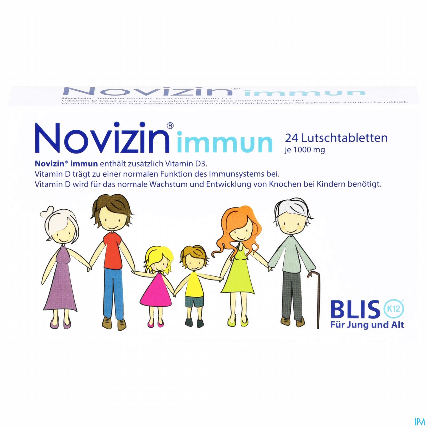 Packung mit 24 Lutschtabletten von Novizin immun, die Vitamin D zur Unterstützung des Immunsystems enthält, mit bunten Illustrationen einer Familie.
