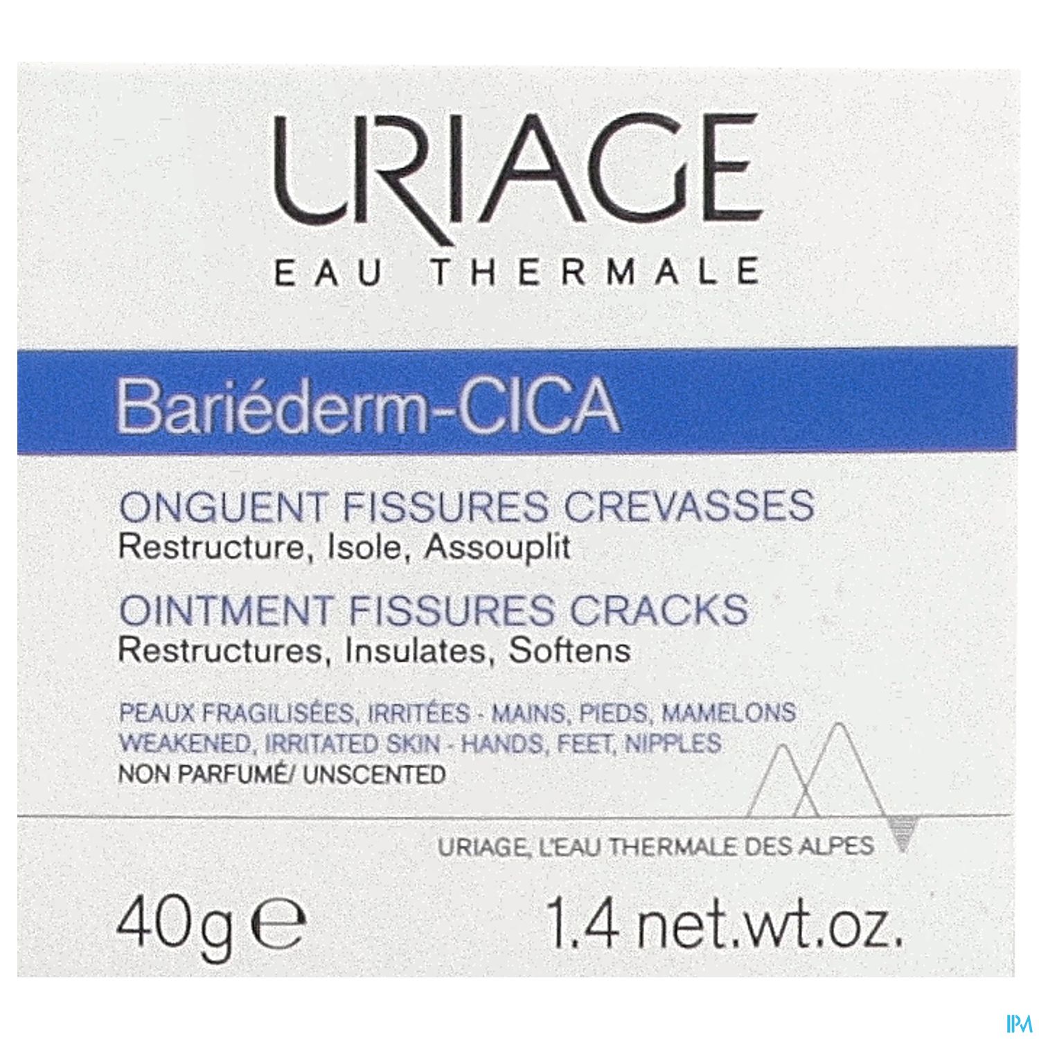 Produktverpackung von Uriage Bariéderm-CICA, 40 g, zur Behandlung von rissiger und gereizter Haut.