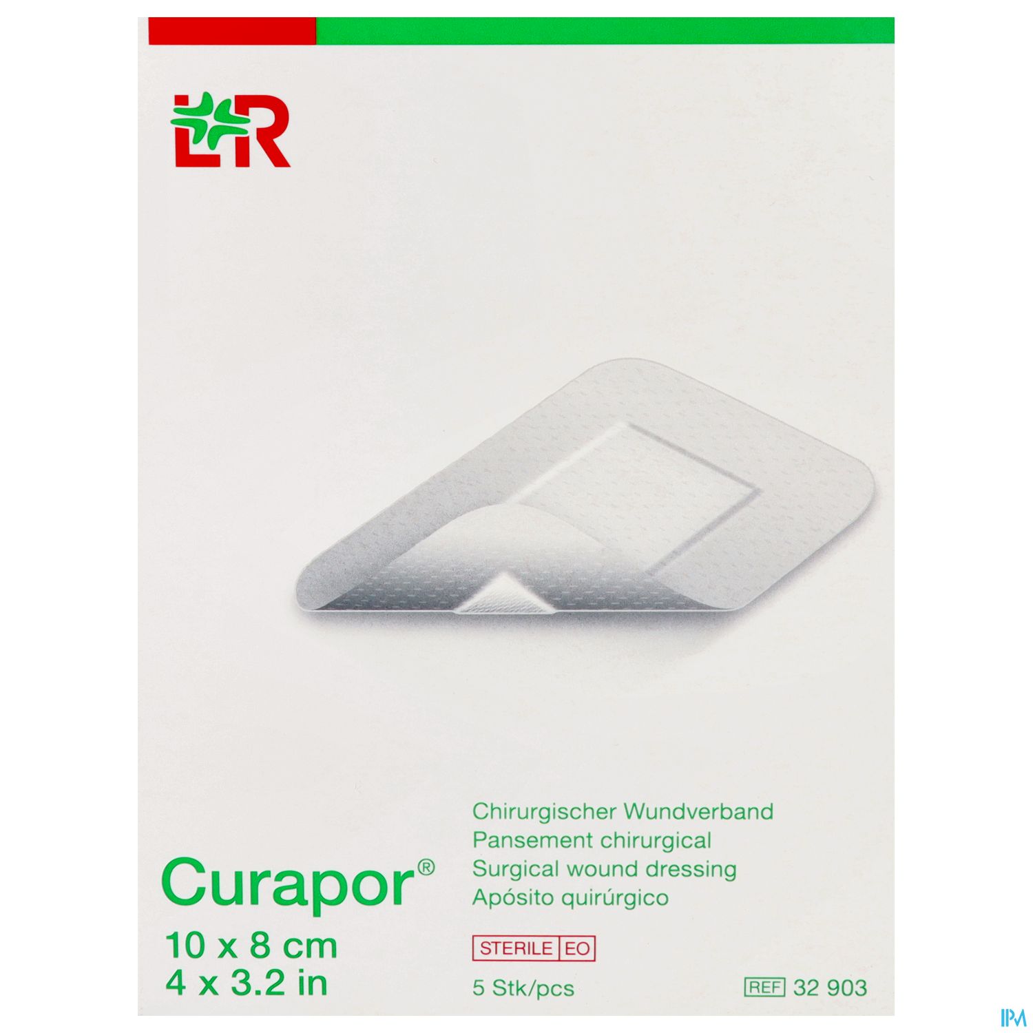 Packung mit chirurgischem Wundverband „Curapor“, 10 x 8 cm, enthält 5 sterile Stück.
