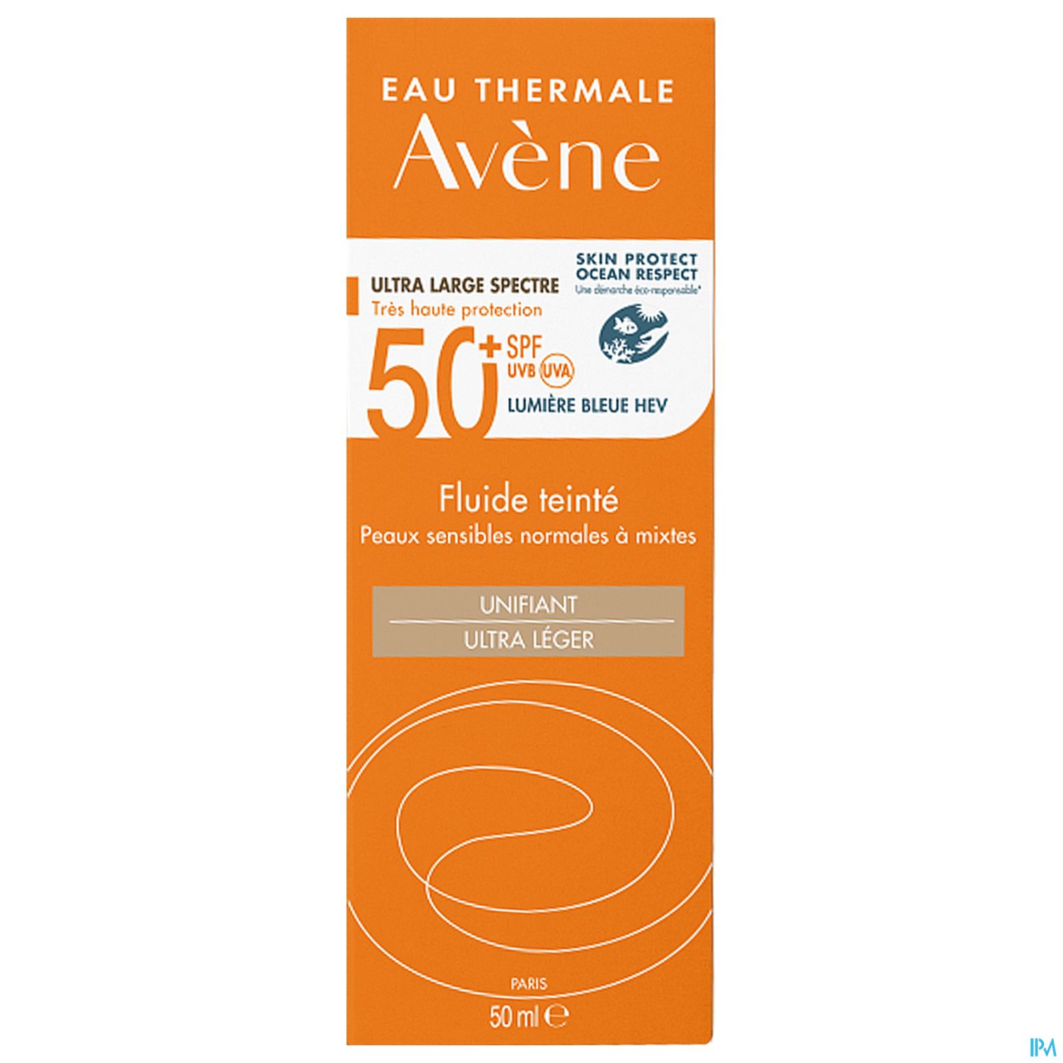 Verpackung von Avène Eau Thermale Sonnencreme mit Lichtschutzfaktor 50+, für sensible und Mischhaut, 50 ml.