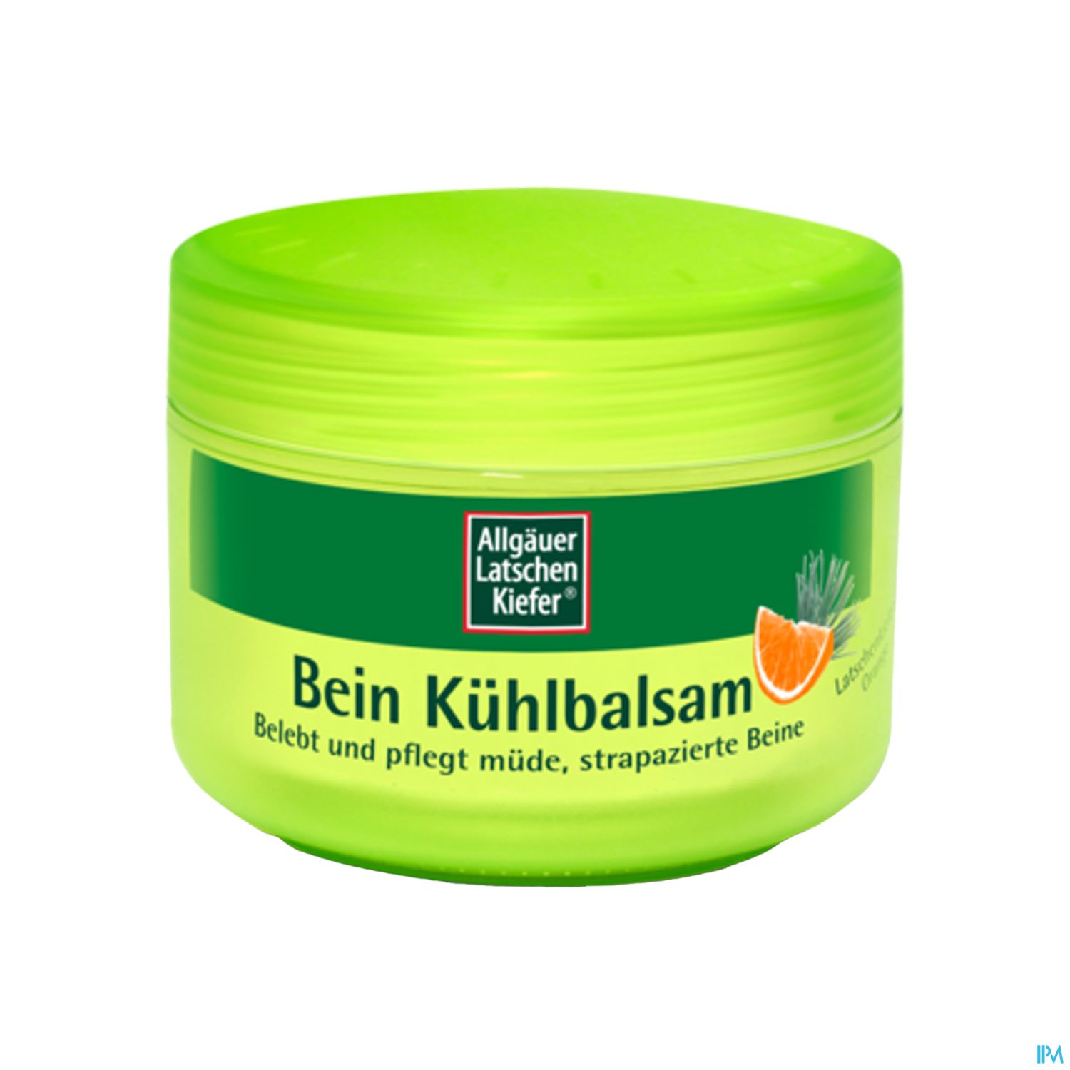 Grüner Behälter mit Bein Kühlbalsam von Allgäuer Latschen Kiefer, beschriftet mit "Belebt und pflegt müde, strapazierte Beine".