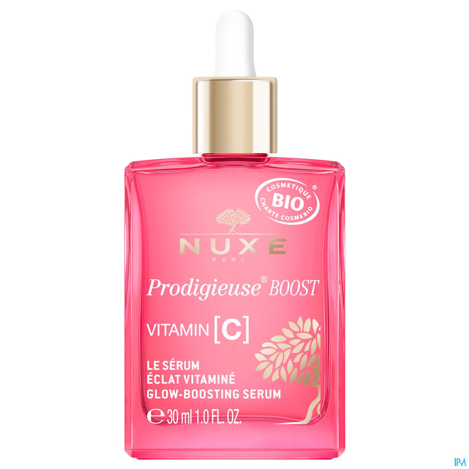 Flasche mit dem Nuxe Prodigieuse Boost Vitamin C Glow-Boosting Serum in pinker Farbe mit Tropfer.
