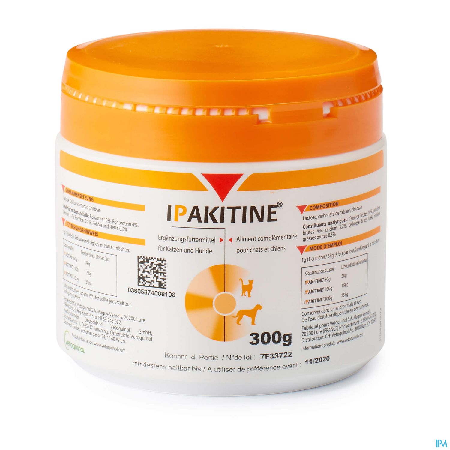 Produktbehälter von Ipakitine, einem Ergänzungsfuttermittel für Katzen und Hunde, 300 g Verpackung.