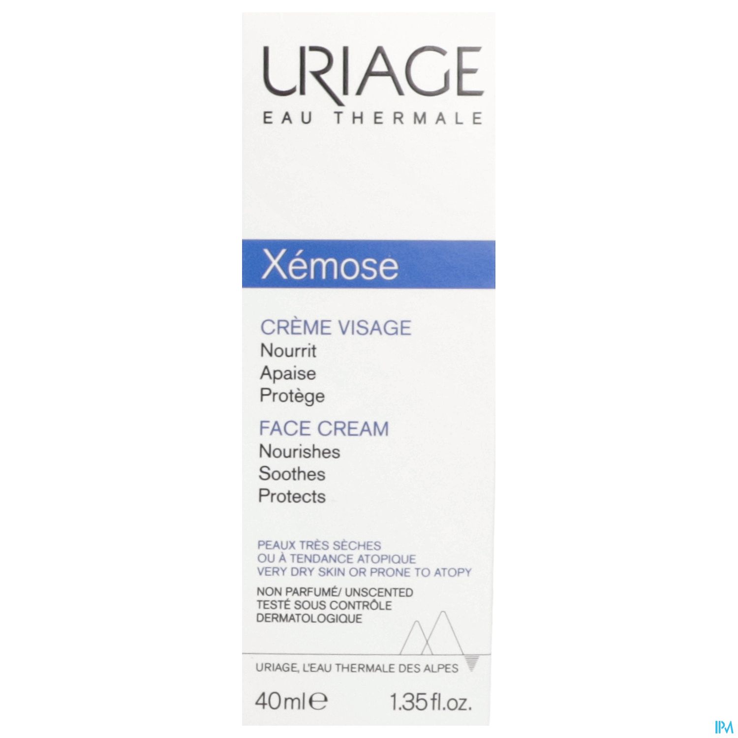 Packung einer Gesichtscreme namens "Xémose" von Uriage, 40 ml, mit Hinweisen auf Pflege und Schutz für trockene Haut.