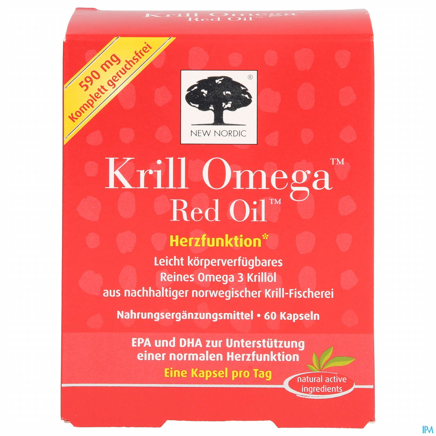 Packung mit Krill Omega Red Oil, 60 Kapseln, beschrieben als Nahrungsergänzungsmittel zur Unterstützung der Herzfunktion.