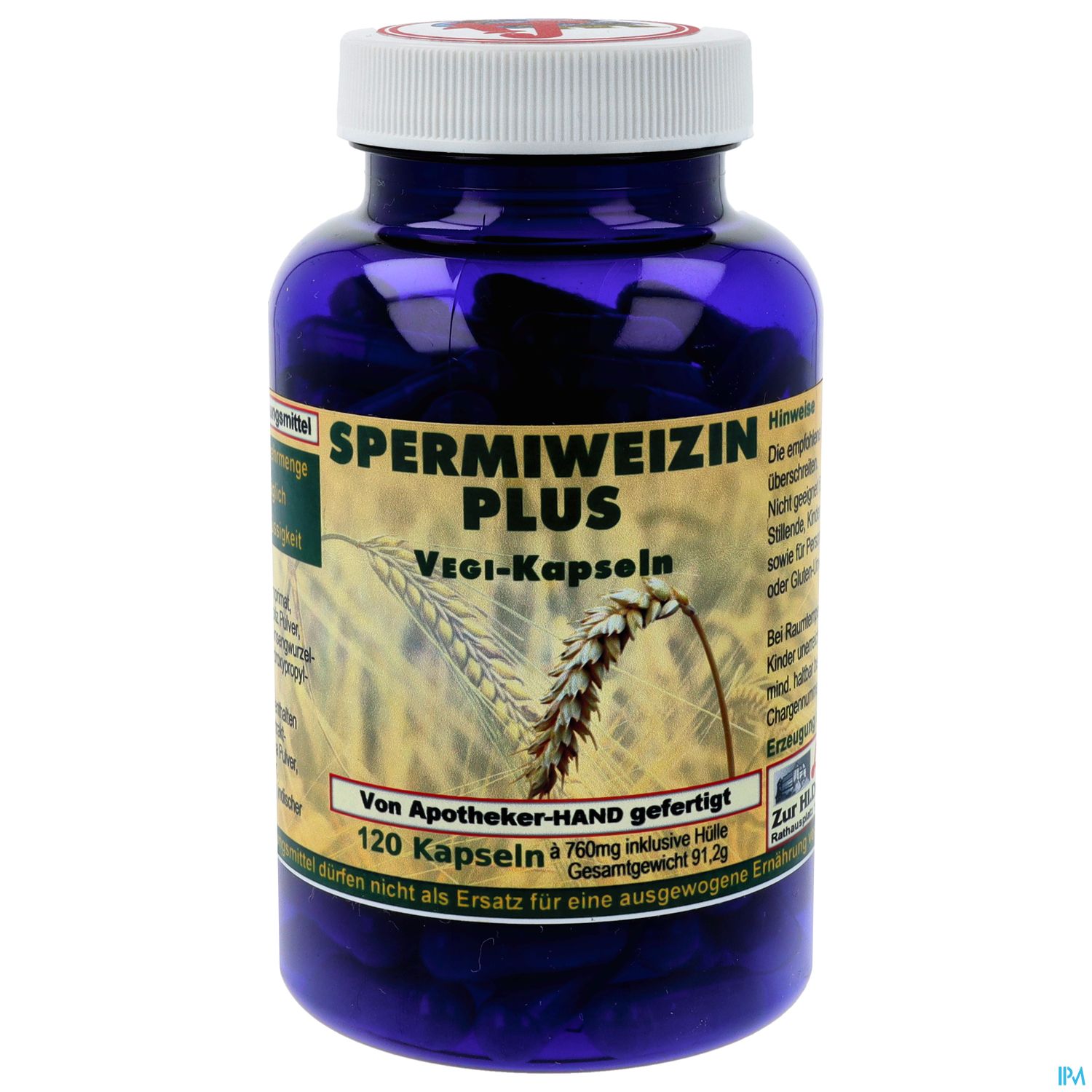 Blaue Flasche mit der Bezeichnung "Spermiweizin Plus", enthält 120 Vegi-Kapseln, hergestellt von Apotheker-Hand.