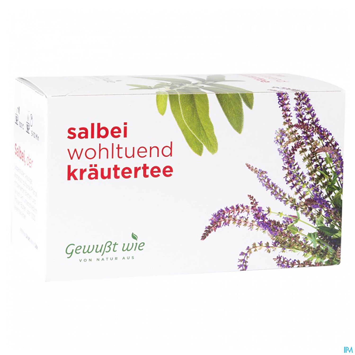 Verpackung von Salbeitee mit der Aufschrift "salbei wohltuend kräutertee" und einem lilafarbenen Blumenmotiv.
