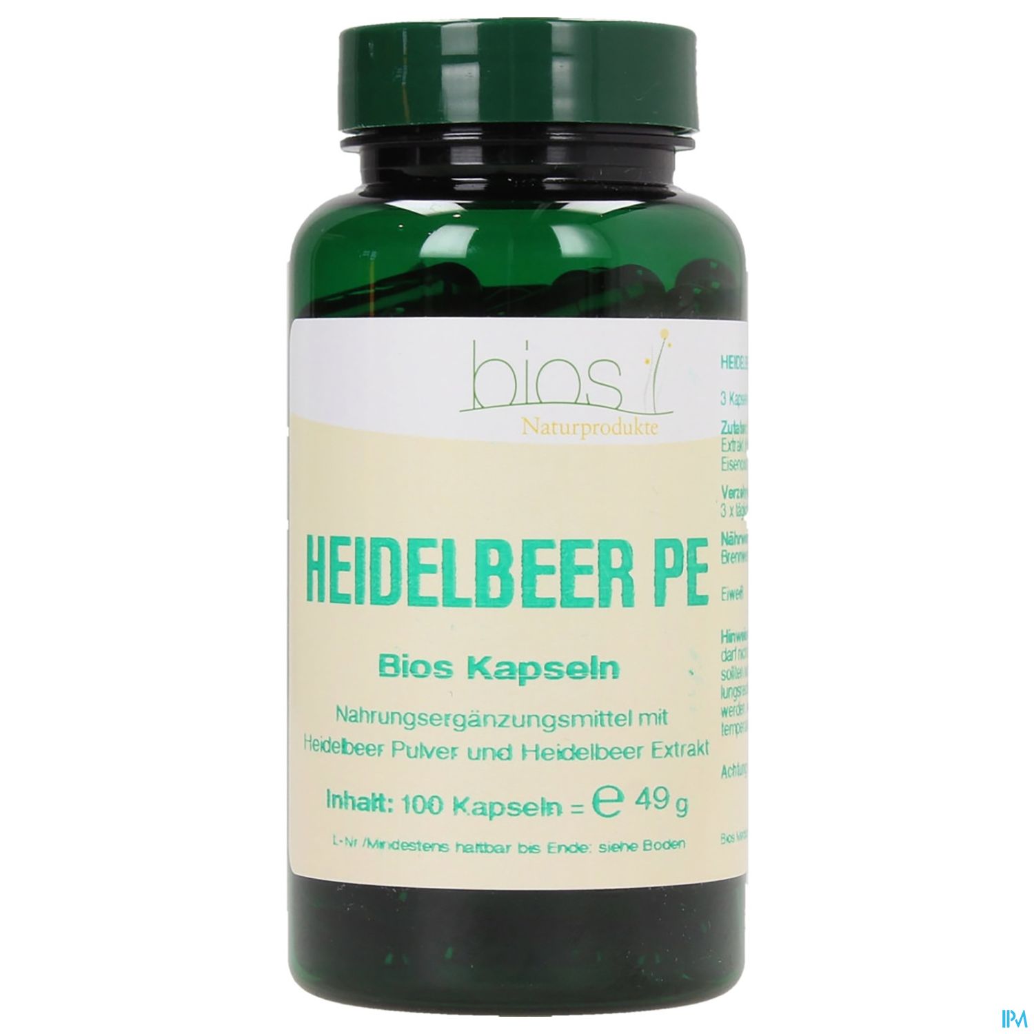 Grüner Flakon mit der Aufschrift "HEIDELBEER PE" und Informationen zu Inhaltsstoffen und Dosierung.