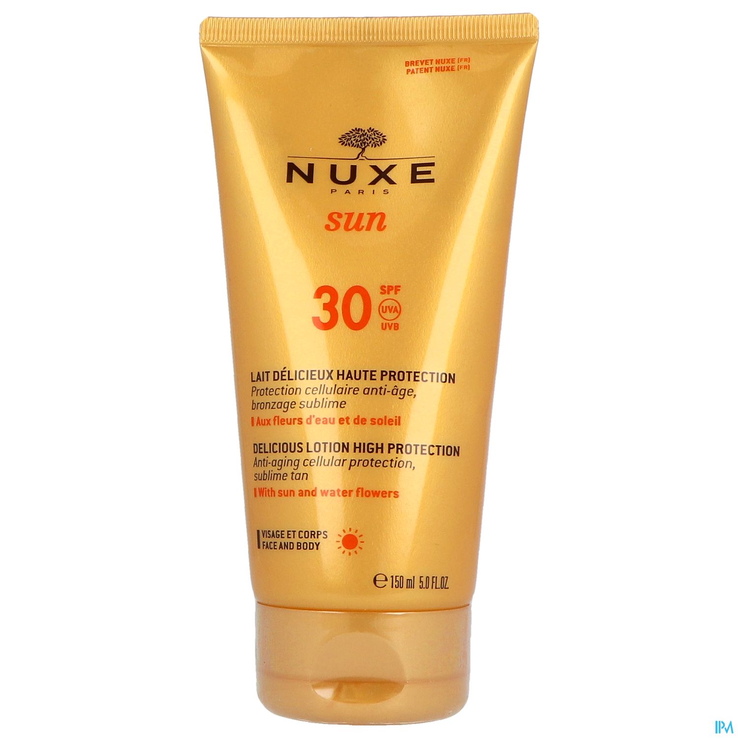 Sonnencreme in einer goldenen Tube mit SPF 30, beschriftet mit "NUXE Sun".