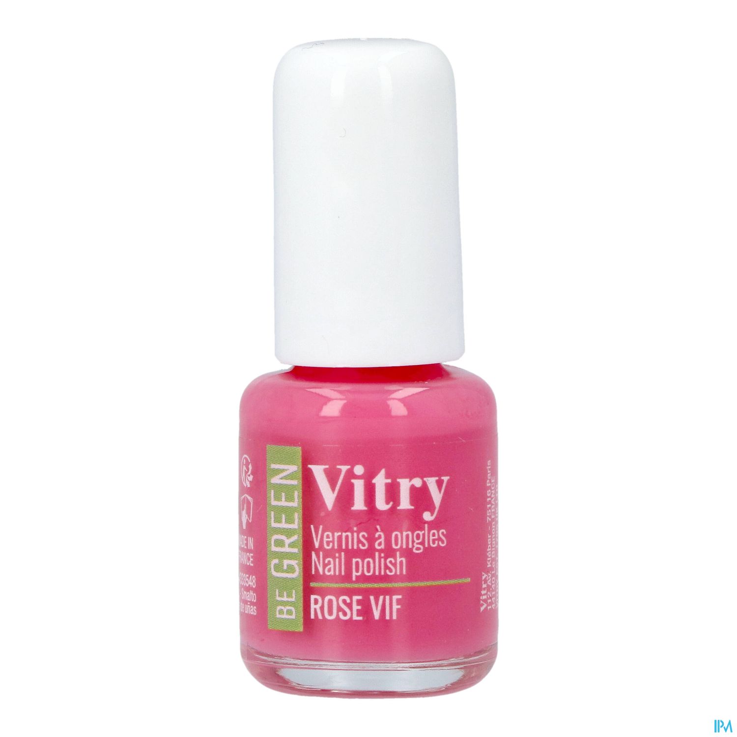 Flasche mit rosa Nagellack von Vitry, Be Green, mit weißem Schraubverschluss.