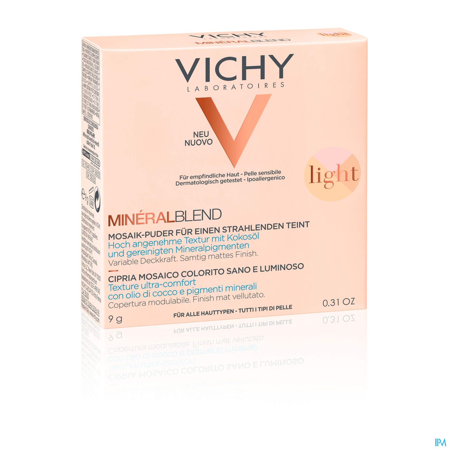 Verpackung des Vichy Mineralblend Mosaikpuders in der Nuance Light, 9 g.
