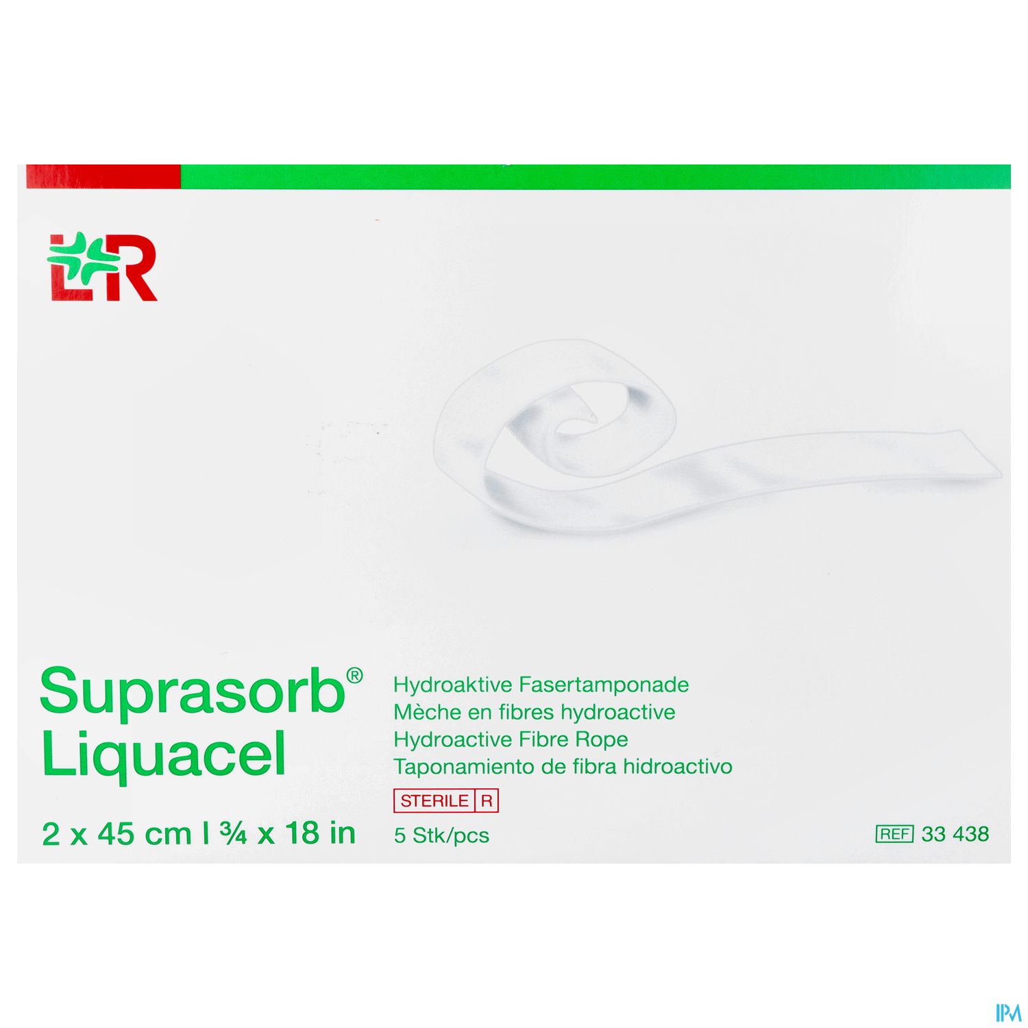 Verpackung der hydroaktiven Faser-Tamponade Suprasorb Liquacel, 2 Stück à 45 cm, 5 Stück pro Packung, sterile Anwendung.