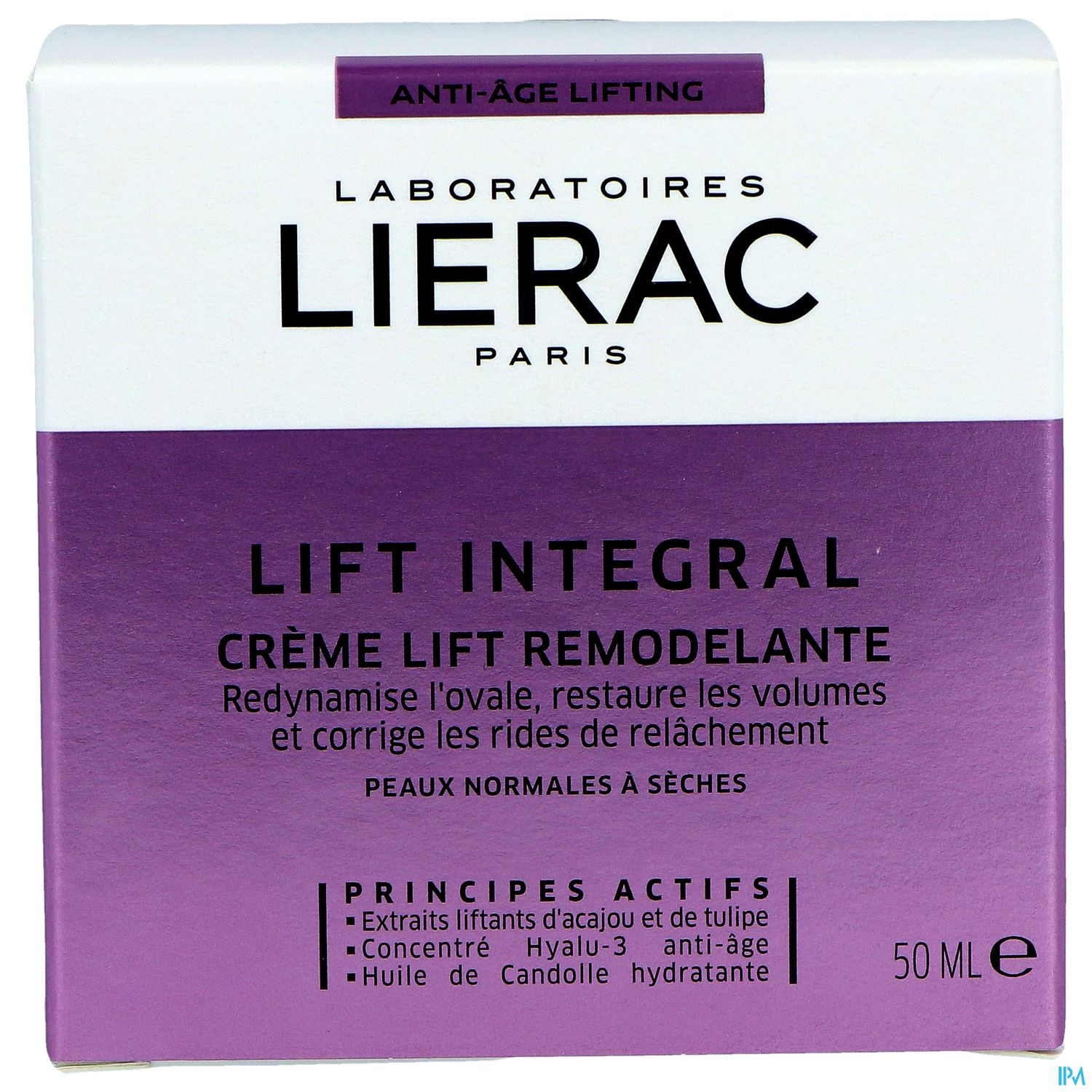Produktverpackung der Lierac Lift Integral Creme für normale bis trockene Haut, 50 ml, mit Informationen zu Anti-Aging.