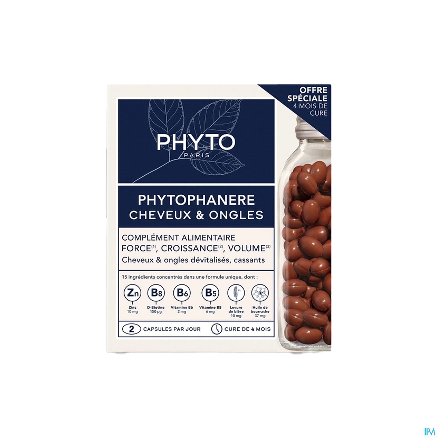 Verpackung des Nahrungsergänzungsmittels Phytophanère von Phyto, mit braunen Kapseln und Informationen über die Inhaltsstoffe und Anwendung.