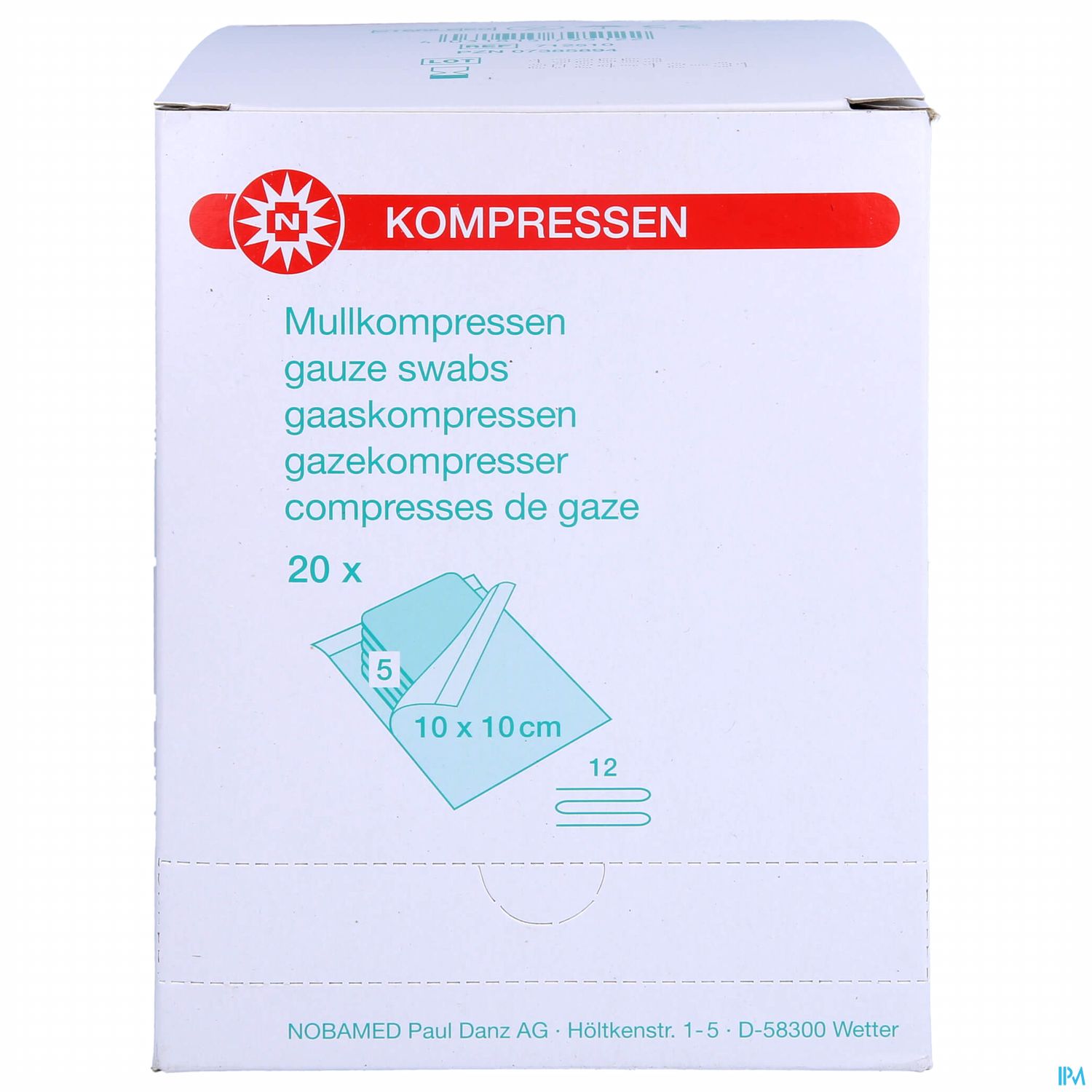Weißer Karton mit rotem Aufdruck "KOMPRESSEN", enthält 20 Mullkompressen, Größe 10 x 10 cm.
