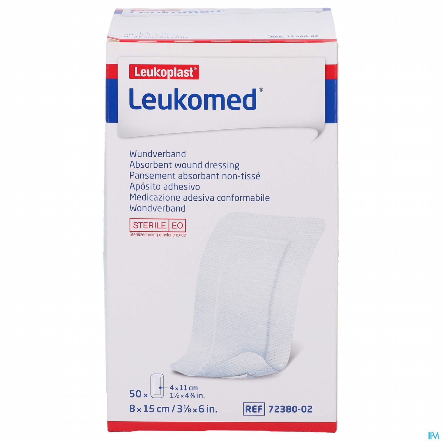 Packung mit Leukomed Wundverbänden, 50 Stück, Größe 8 x 15 cm, steril.