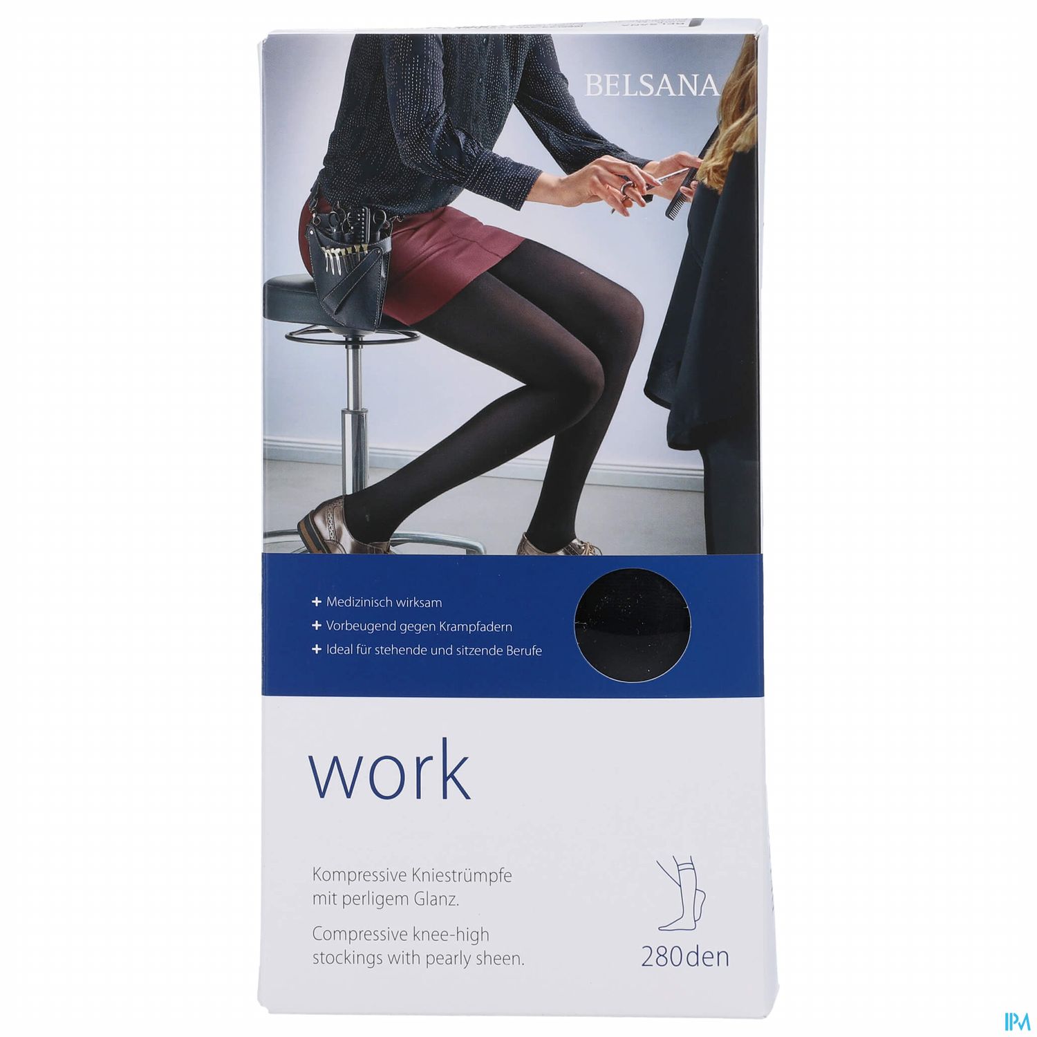 Packung kompressiver Kniestrümpfe mit dem Schriftzug "work" und einer Abbildung einer Person, die auf einem Hocker sitzt und die Strümpfe trägt.