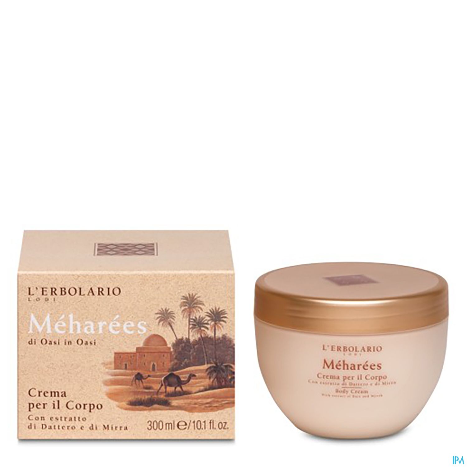 Produktbild einer Körpercreme mit der Bezeichnung "Méhareées" von L'Erbolario, dargestellt in einem runden Behälter und einer quadratischen Verpackung.
