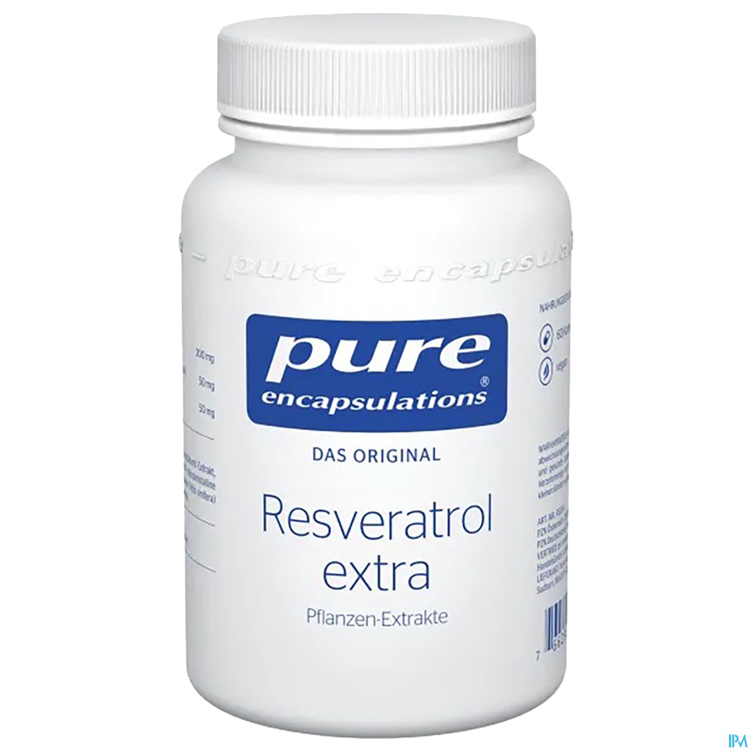 Weißer Flaschenbehälter mit blauer Schrift, der Resveratrol extra von Pure Encapsulations enthält.