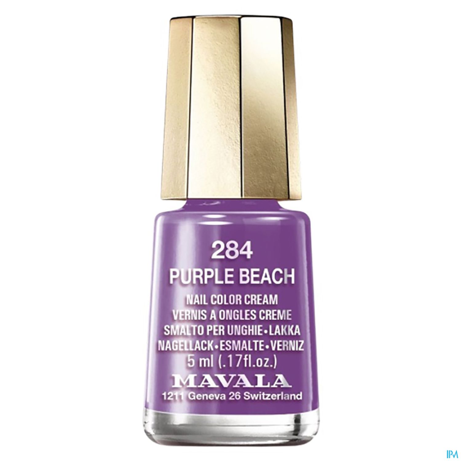 Lackflasche mit lila Nagellack und goldfarbenem Deckel, beschriftet mit "284 PURPLE BEACH" und "MAVALA".