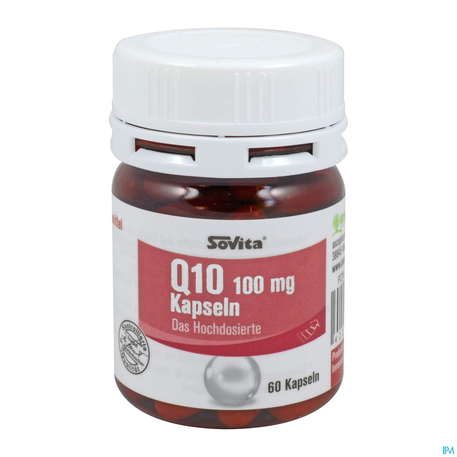Braunrote Kapseln in einem weißen Fläschchen mit grauem Deckel, beschriftet mit "Q10 100 mg Kapseln, 60 Kapseln".