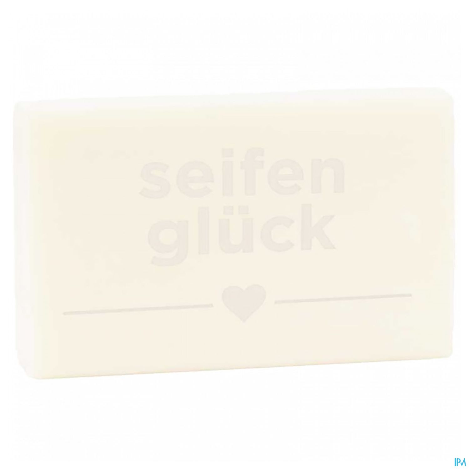 Einfache, cremefarbene Seife mit dem Aufdruck "seifen glück" und einem Herzsymbol.