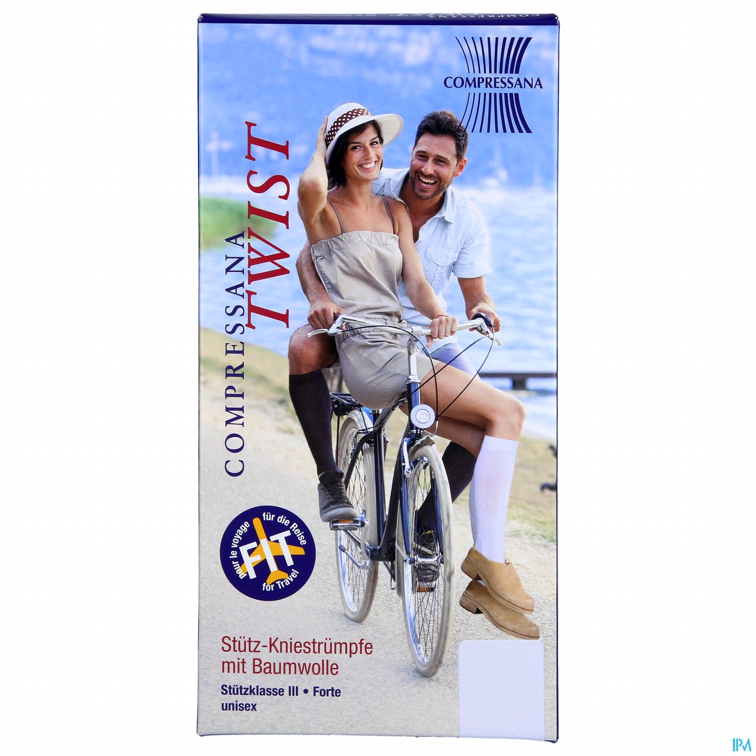 Verpackung von Compressana Twist Stütz-Kniestrümpfen mit Baumwolle, abgebildet mit einem Paar auf einem Fahrrad.