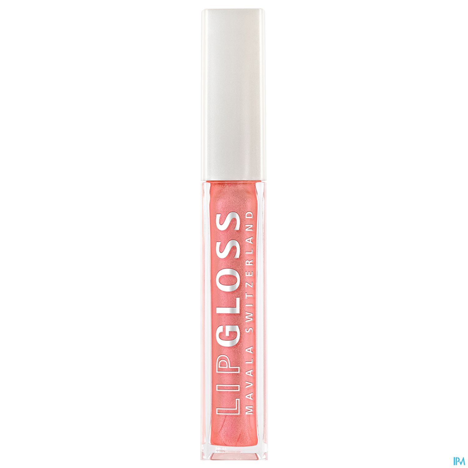 Transparente Lipgloss-Verpackung mit rosa Inhalt und weißem Schriftzug „LIP GLOSS“ und „Mavala Switzerland“.