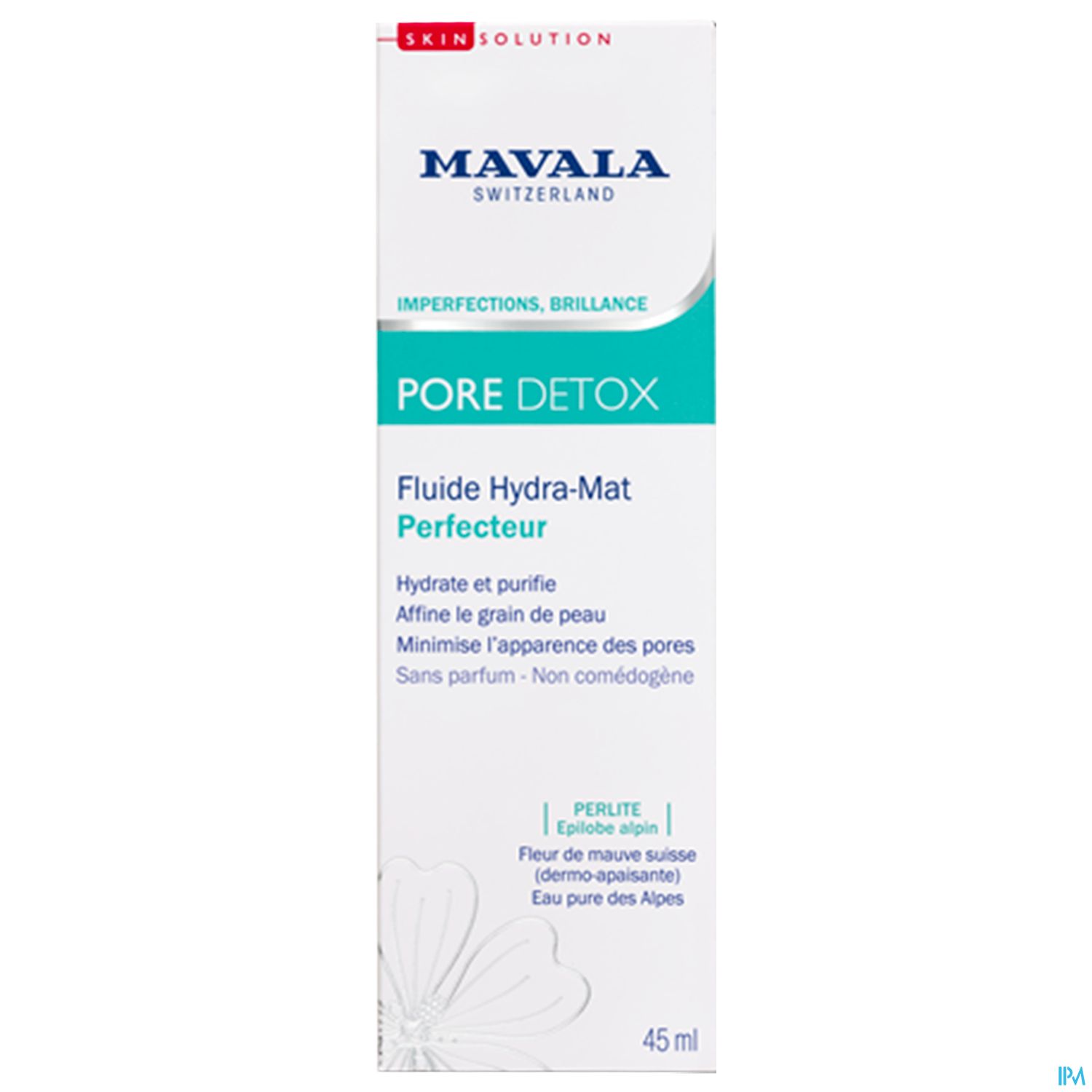 Produktverpackung von Mavala Pore Detox, 45 ml, mit Beschreibung zur Hydratation und Minimierung der Poren.