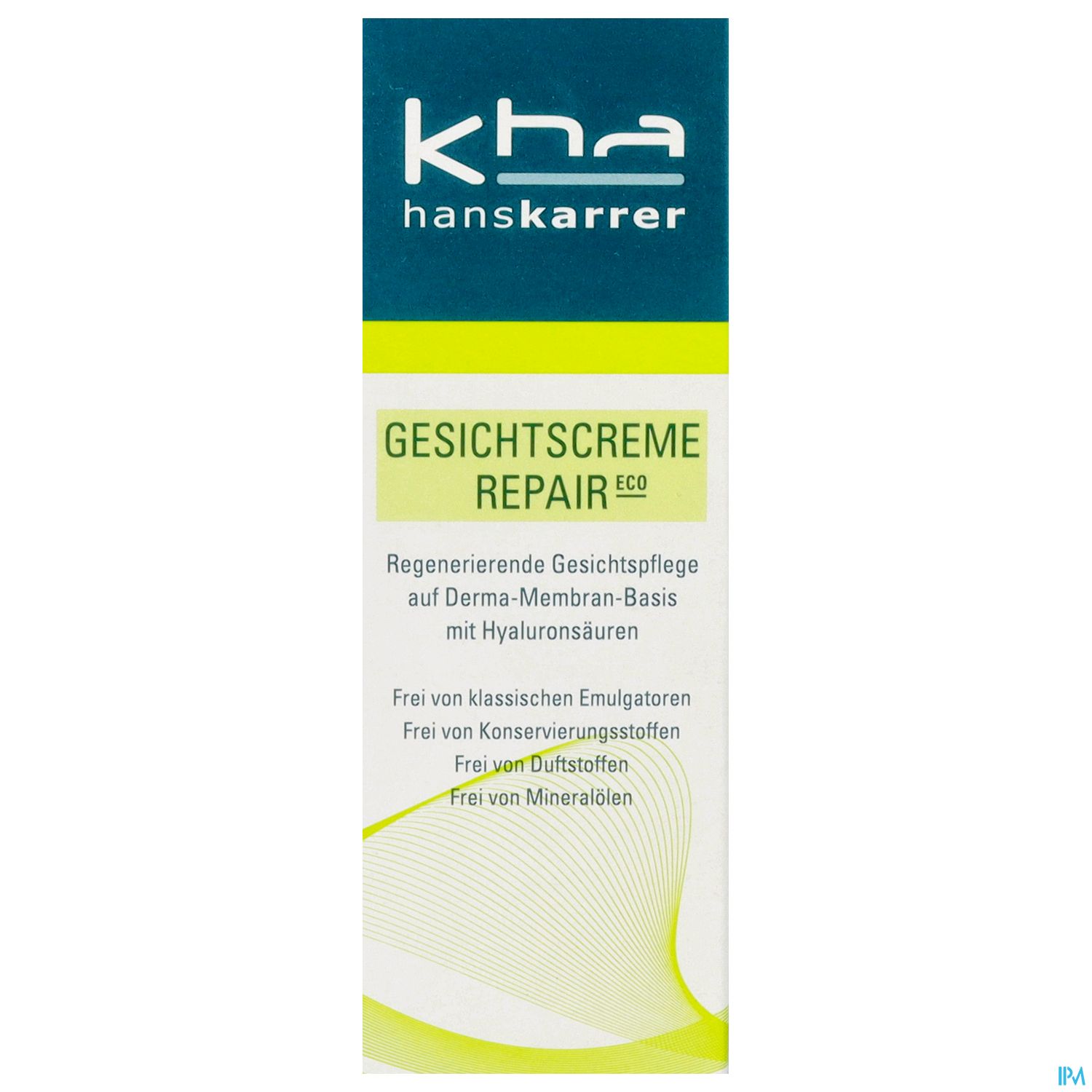 Produktverpackung der Gesichtscreme Repair Eco von Hanskarrer mit Angaben zur regenerierenden Pflege und Inhaltsstoffen.