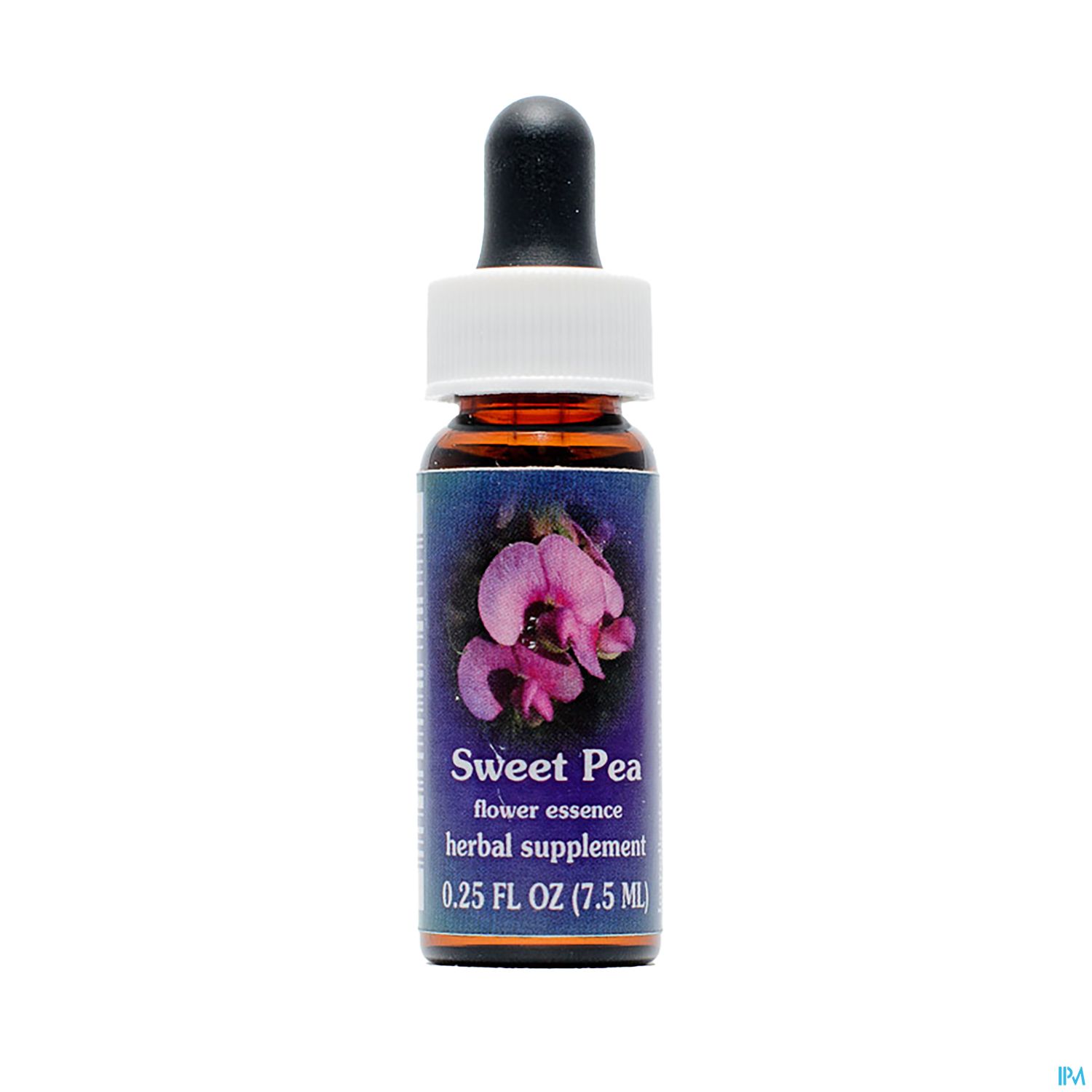 Braunflasche mit Pipette, etikettiert mit "Sweet Pea" und abgebildeter Süßer-Erbse-Blüte, 7,5 ml.
